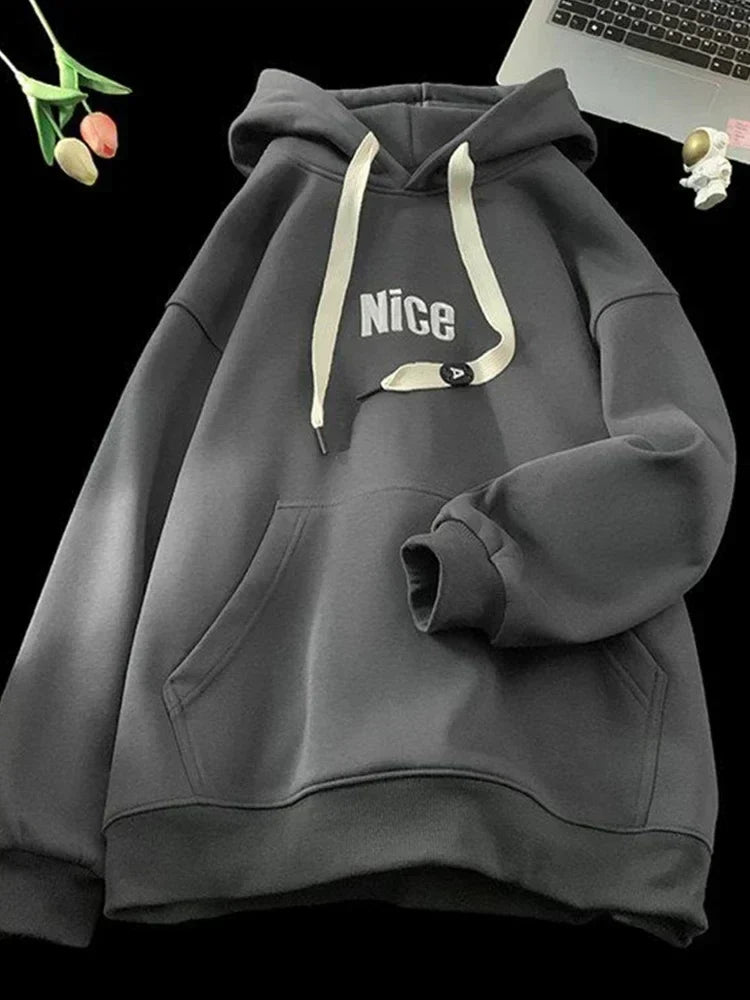 Nice Letter Print Cotton Fleece Hoodie Dark Grey / M(40-45KG)