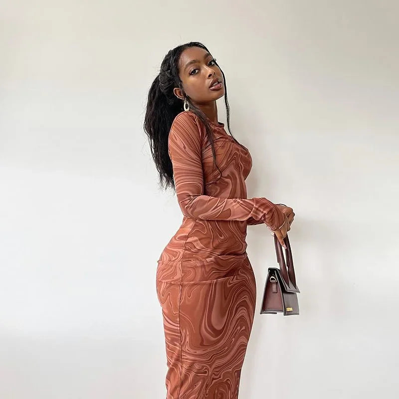 Marble Print Crew Neck Long Sleeve Bodycon Maxi Dress - View 3