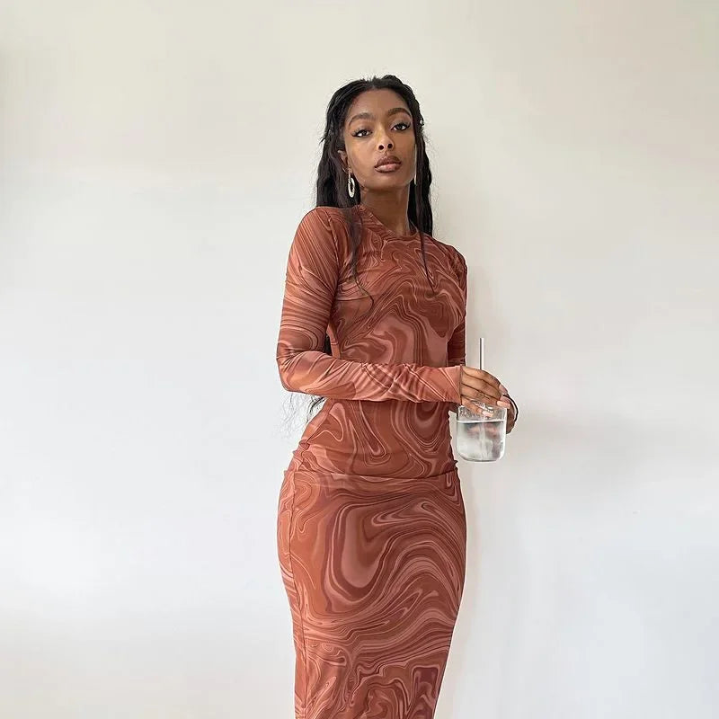 Marble Print Crew Neck Long Sleeve Bodycon Maxi Dress - View 2