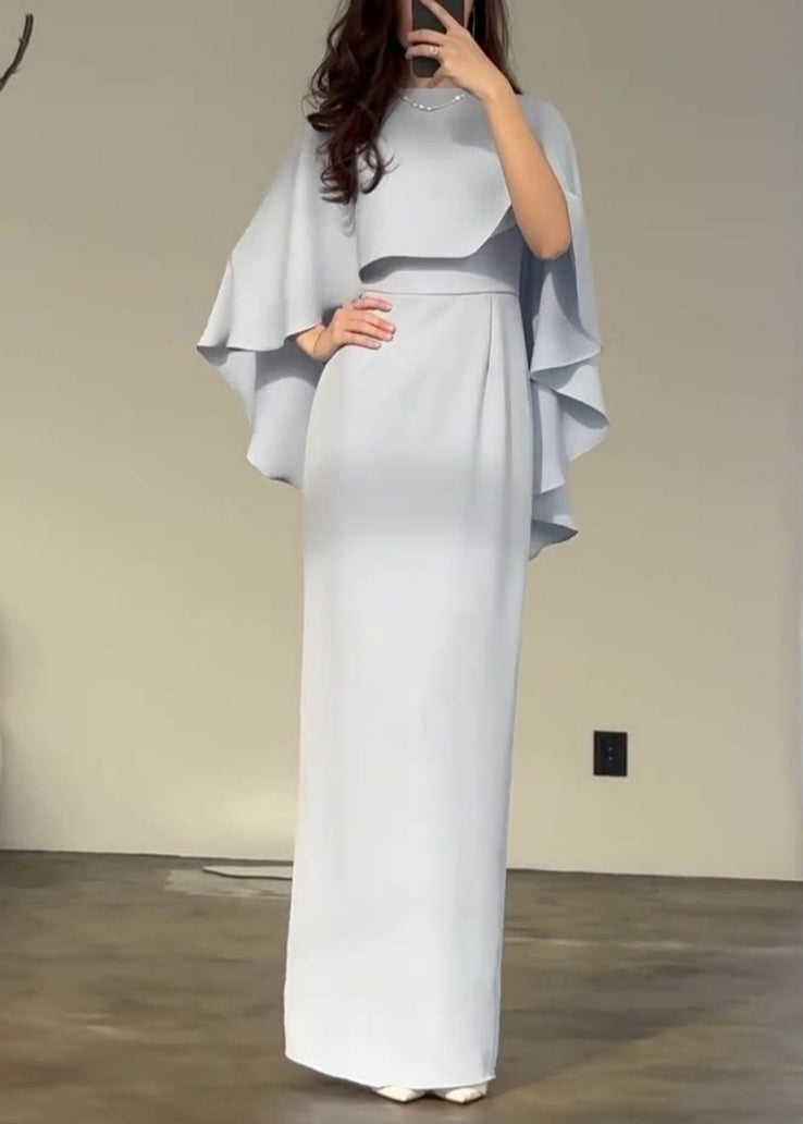 Cape Overlay Round Neck Column Floor Length Gown - View 3
