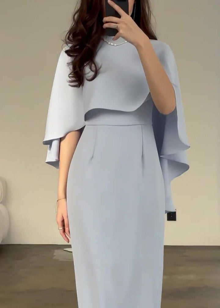 Cape Overlay Round Neck Column Floor Length Gown - View 4