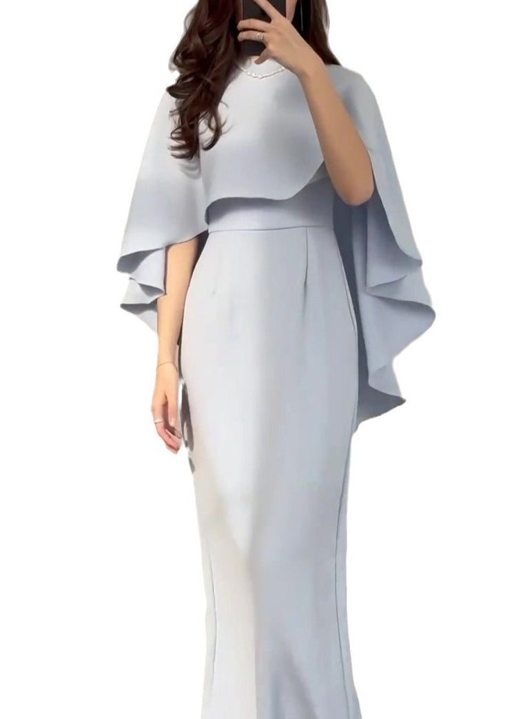 Cape Overlay Round Neck Column Floor Length Gown - View 5