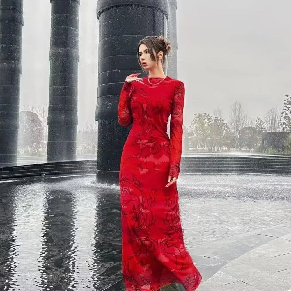 Limited Printed Screen Dress Style Year Loong Party Dress