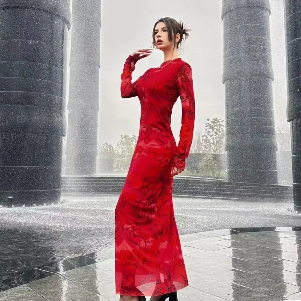 Limited Printed Screen Dress Style Year Loong Party Dress