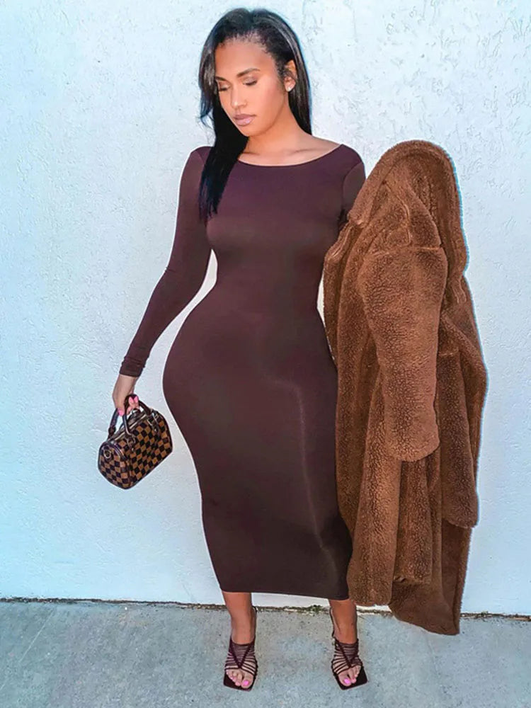 Scoop Neck Long Sleeve Bodycon Knit Midi Dress - View 3