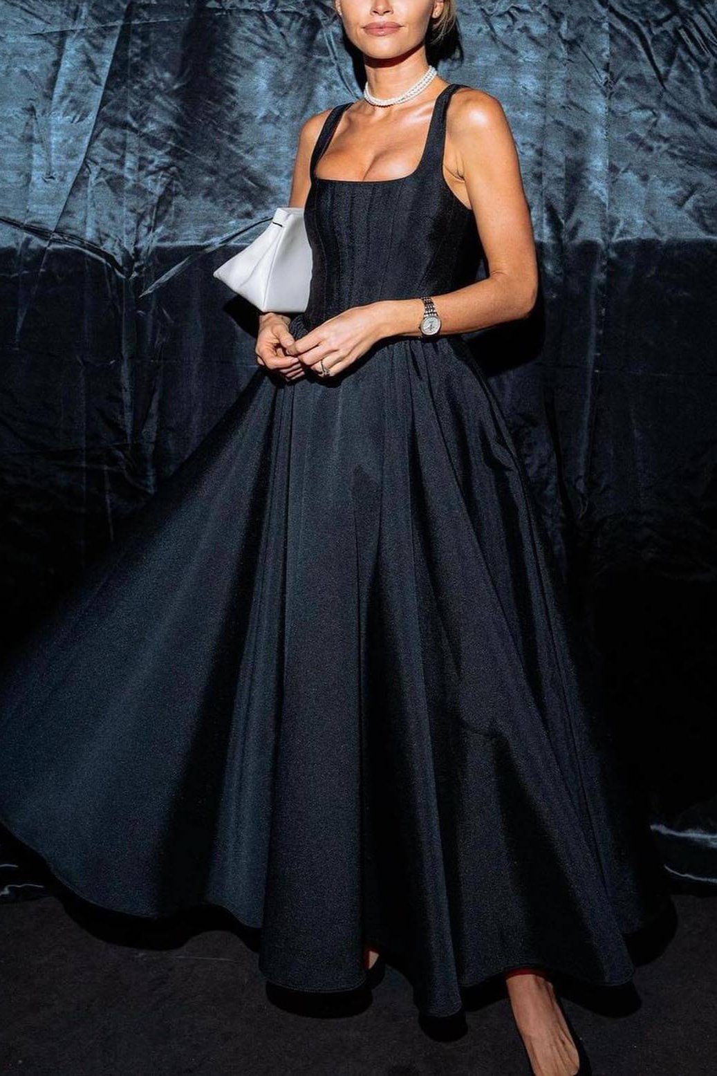 Square Neck Corset Bodice Wide Strap Gathered A-Line Midi Dress - View 5