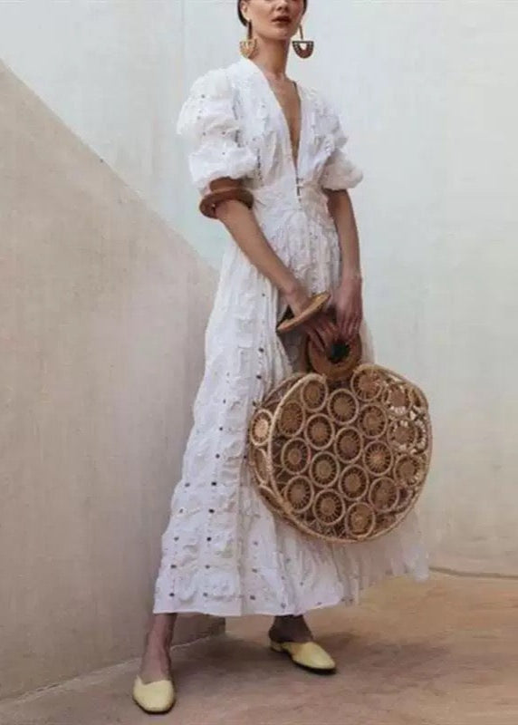 Lace Deep V-Neck Puff Sleeve Button Front Tiered Maxi Dress - View 2