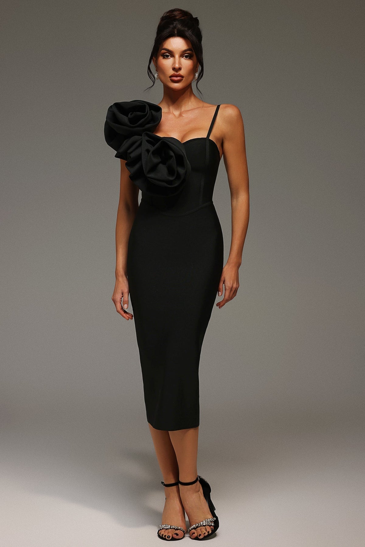 Spaghetti Strap Rosette Corset Bodycon Midi Dress - View 3