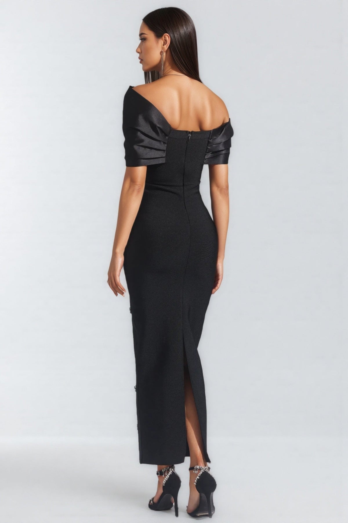 Crystal Embellished Asymmetric Off Shoulder Fold Maxi Dress - View 5