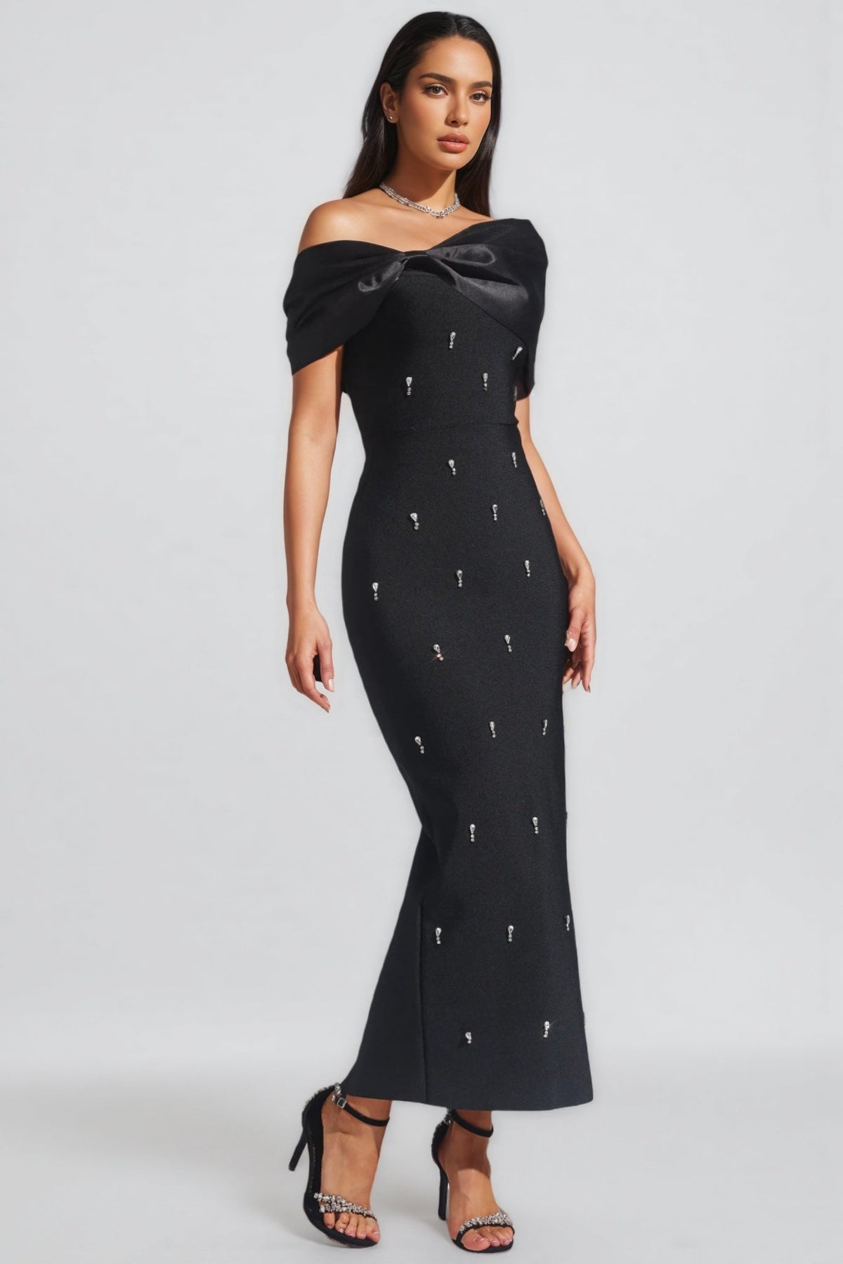 Crystal Embellished Asymmetric Off Shoulder Fold Maxi Dress - View 3