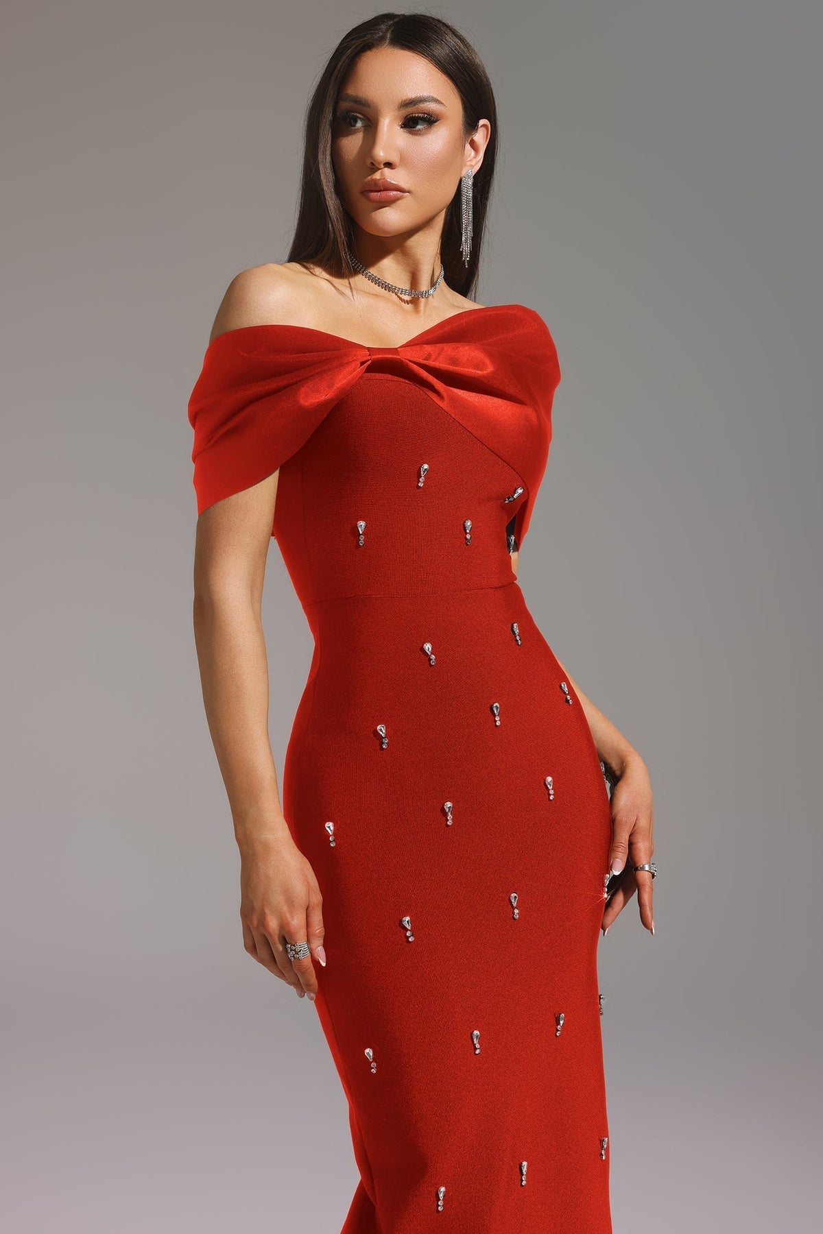 Sleeveless One Shoulder Diamond Bow Bandage Maxi Dress