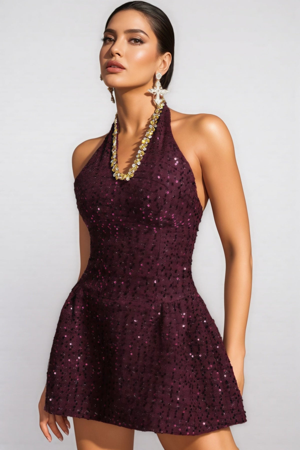 Sequin Halter Neck Fit and Flare Mini Party Dress - View 2