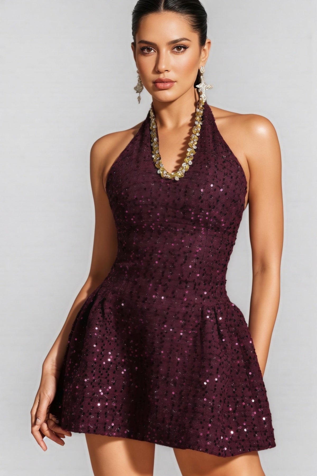 Sequin Halter Neck Fit and Flare Mini Party Dress - View 4