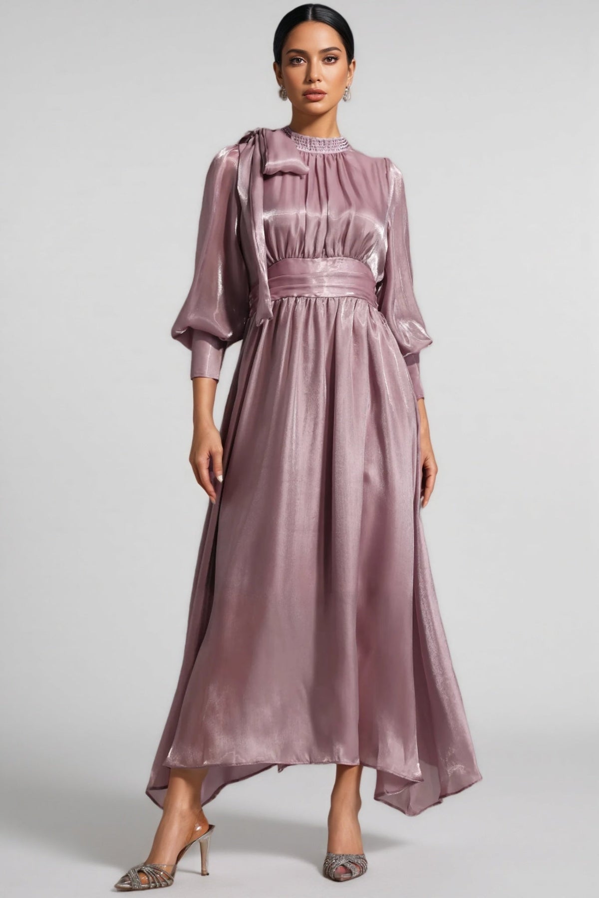Metallic Mock Neck Bow Tie Puff Sleeve Ruched Waist A-Line Maxi Dress
