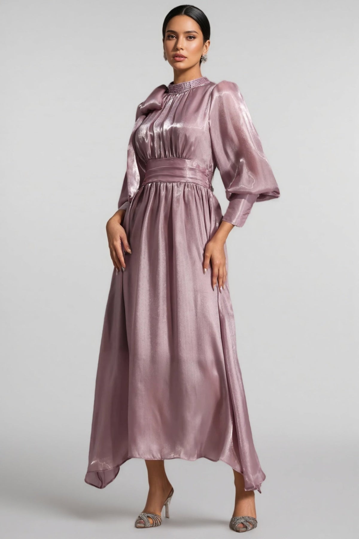 Metallic Mock Neck Bow Tie Puff Sleeve Ruched Waist A-Line Maxi Dress - View 2