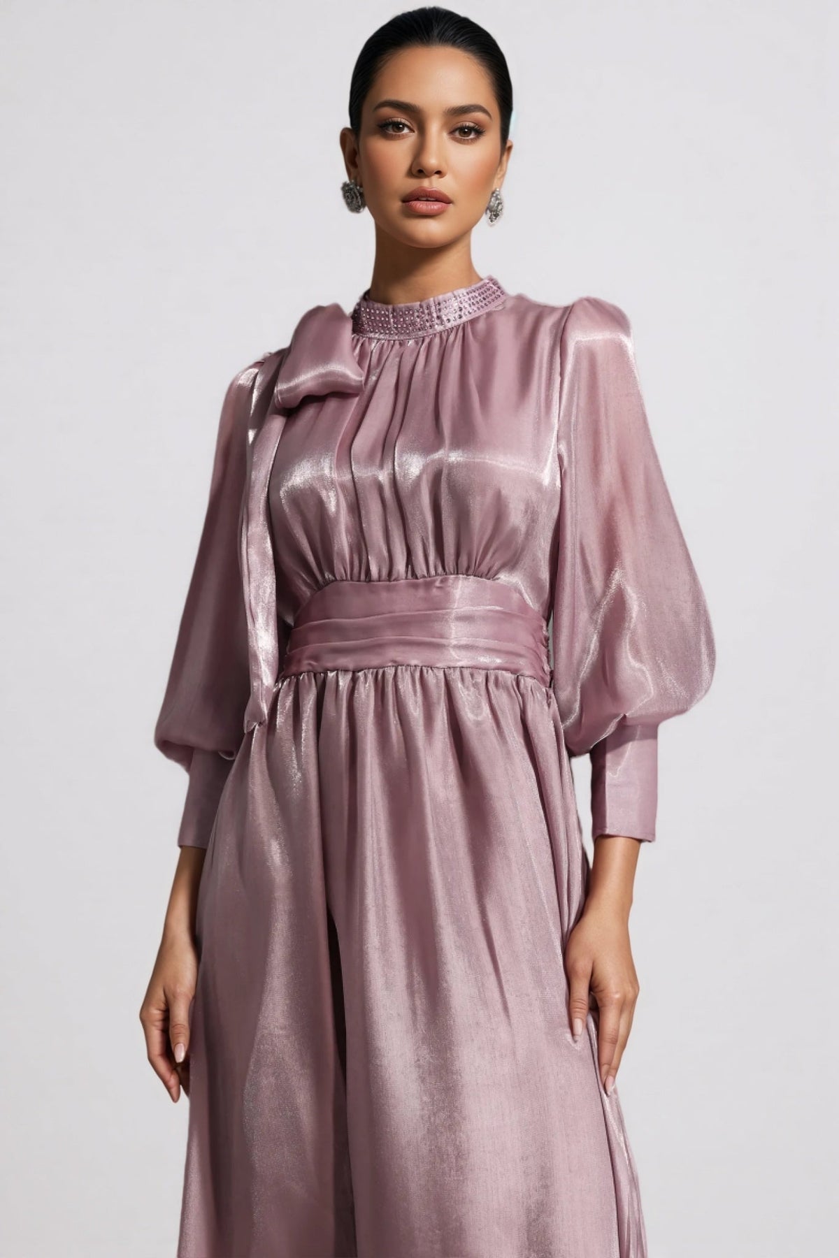 Metallic Mock Neck Bow Tie Puff Sleeve Ruched Waist A-Line Maxi Dress - View 4