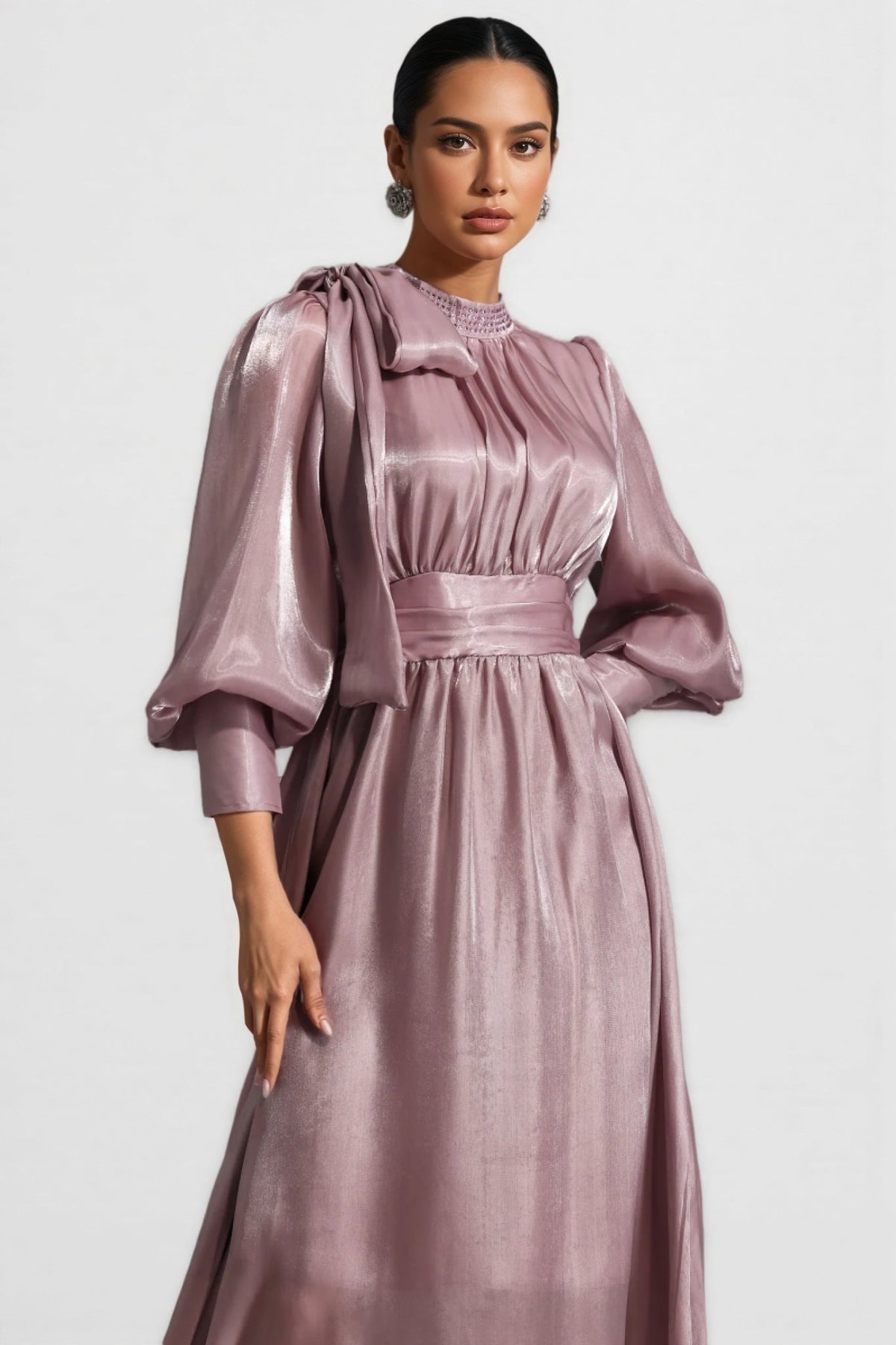 Metallic Mock Neck Bow Tie Puff Sleeve Ruched Waist A-Line Maxi Dress - View 3