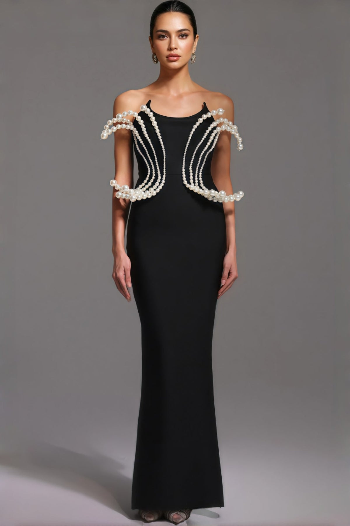 Pearl Embellished Spaghetti Strap Sculptural Bodice Column Maxi Gown