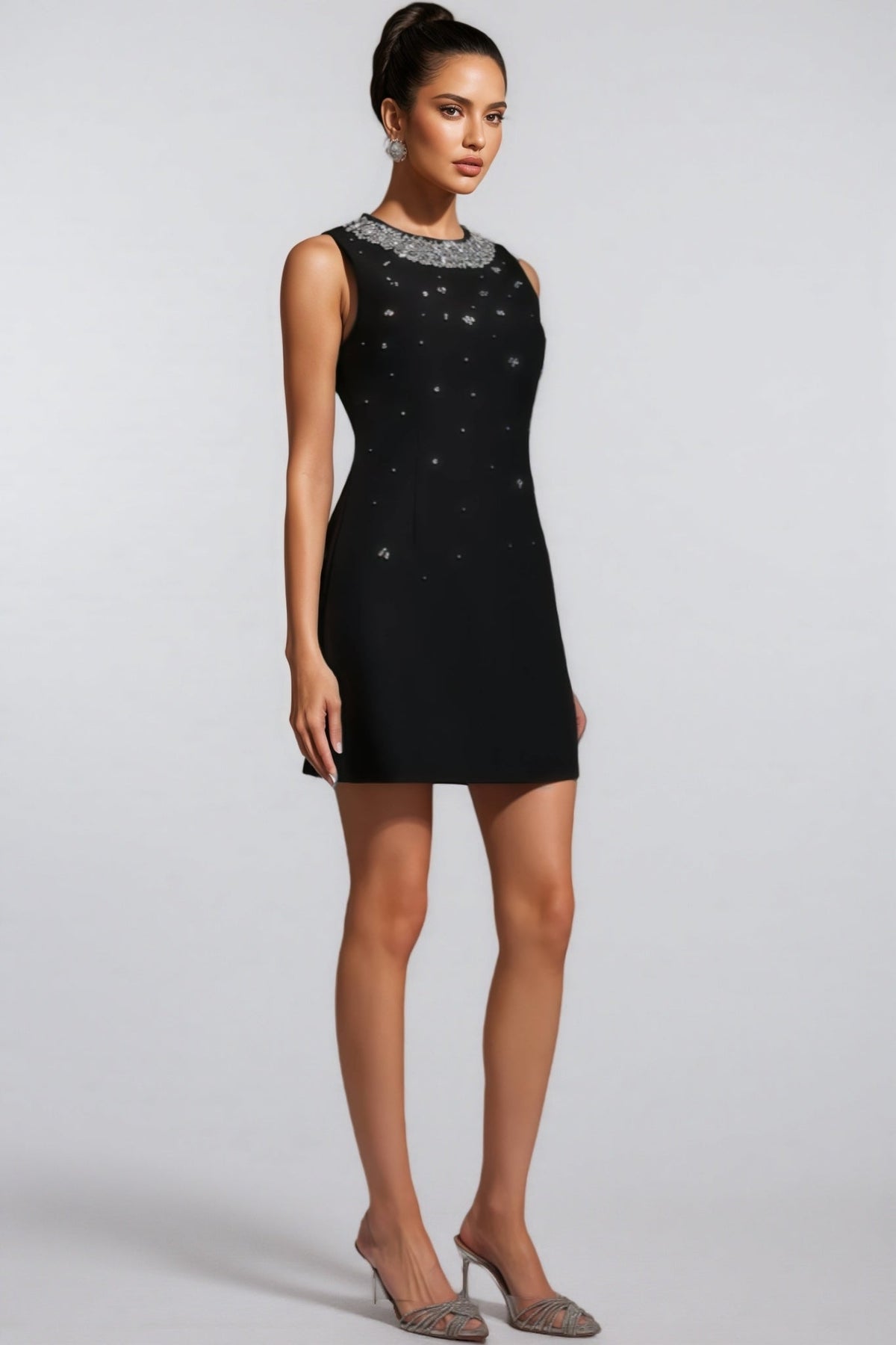 Beaded Floral Collar Sleeveless Shift Mini Dress - View 3