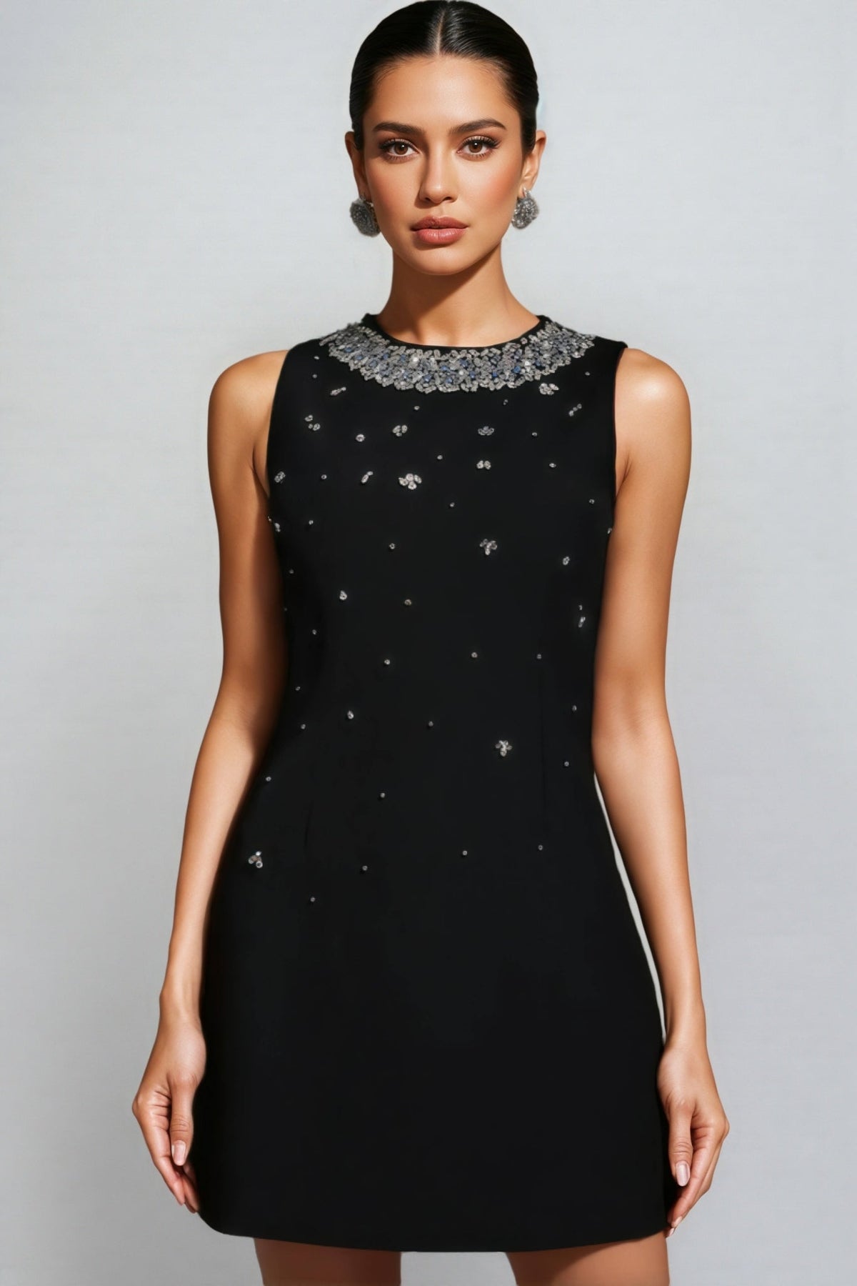 Beaded Floral Collar Sleeveless Shift Mini Dress - View 2