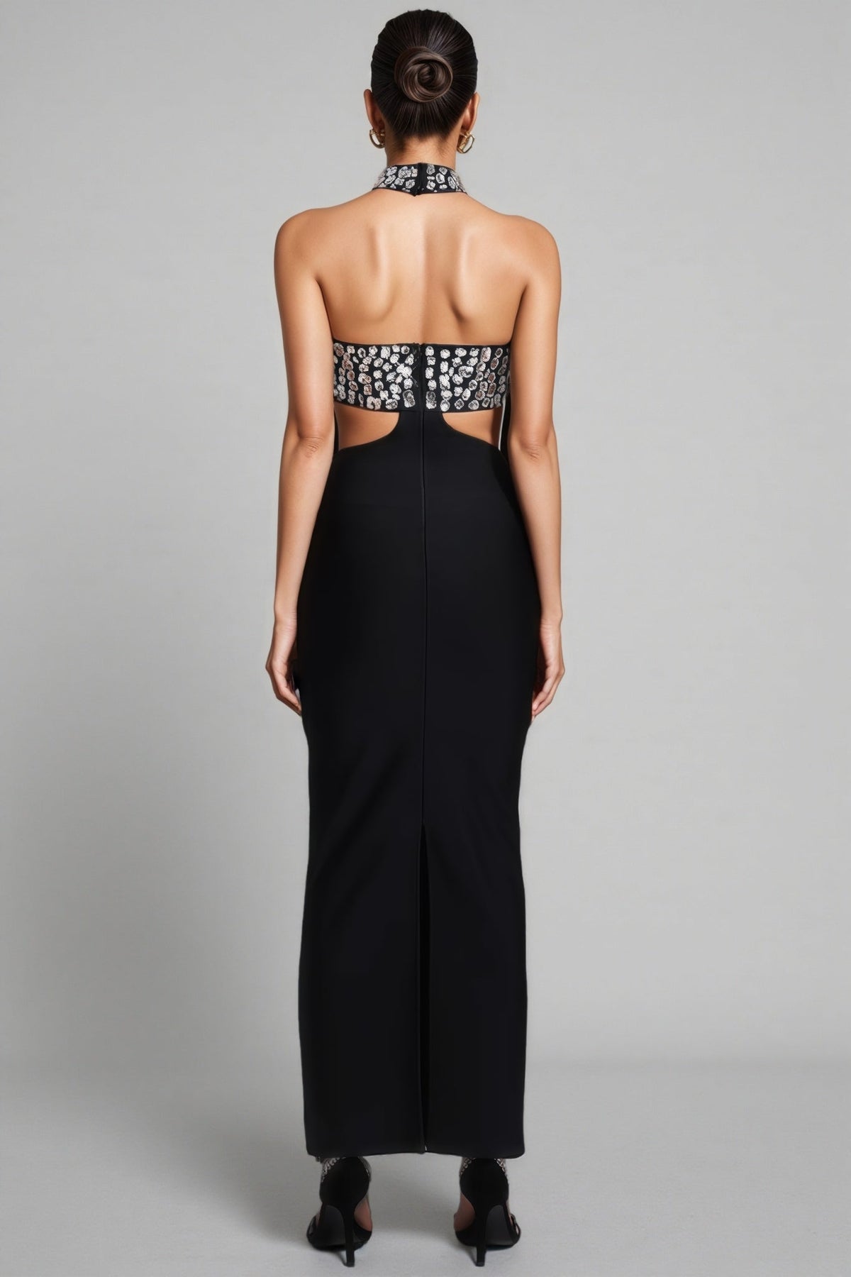 Rhinestone Halter Choker Neck Cut Out Waist Bandage Maxi Gown - View 5