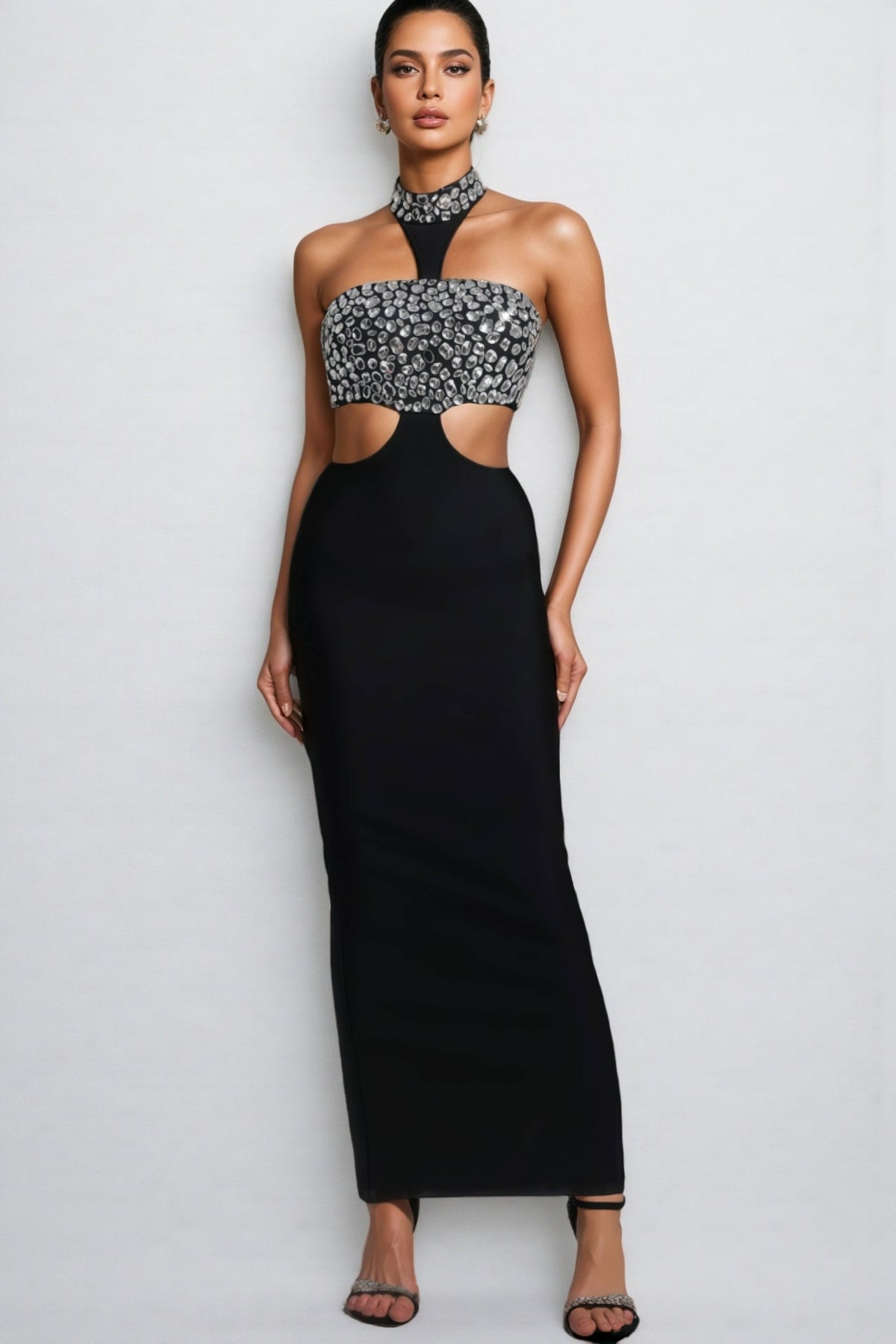 Rhinestone Halter Choker Neck Cut Out Waist Bandage Maxi Gown
