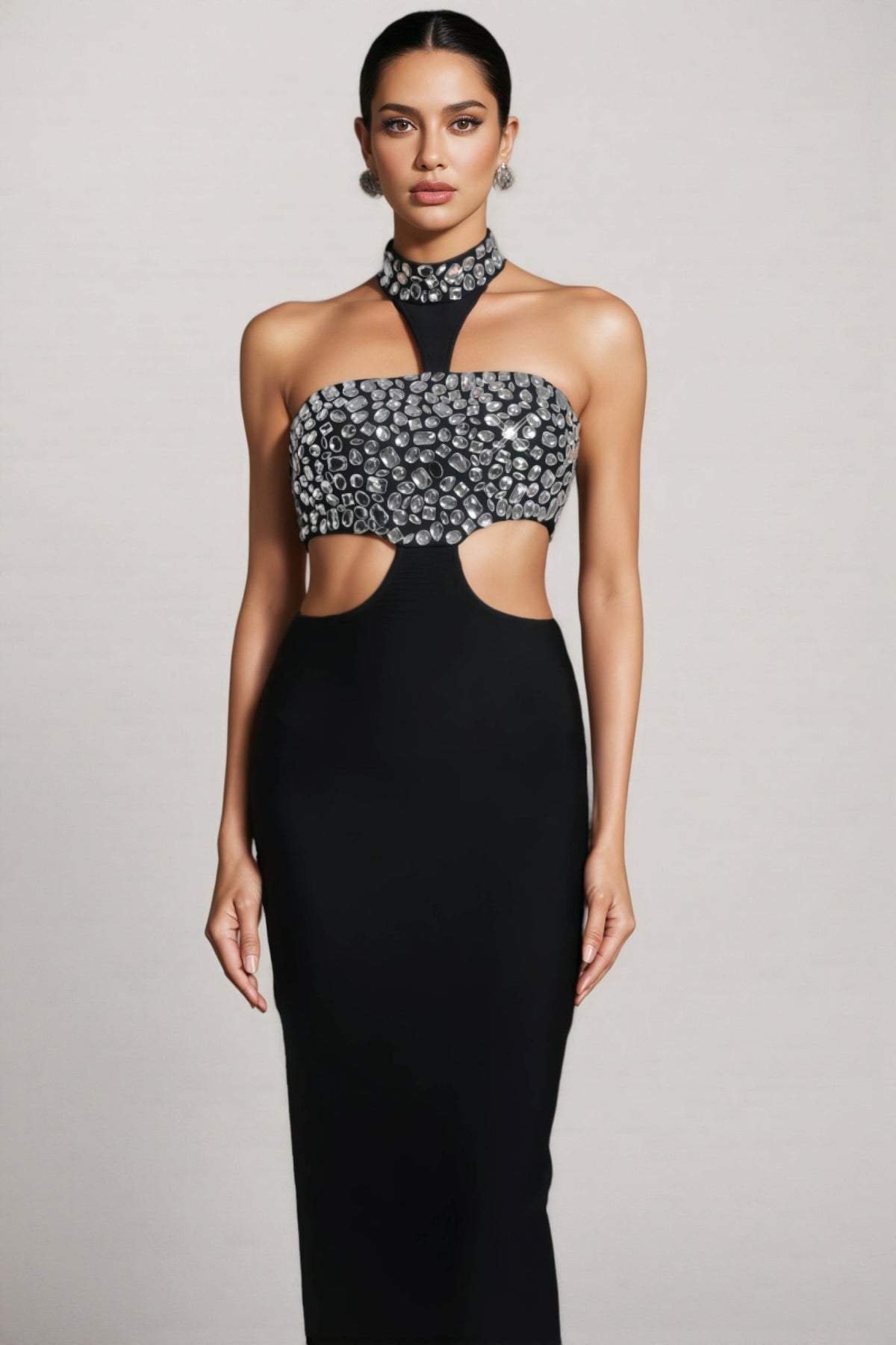 Rhinestone Halter Choker Neck Cut Out Waist Bandage Maxi Gown - View 4
