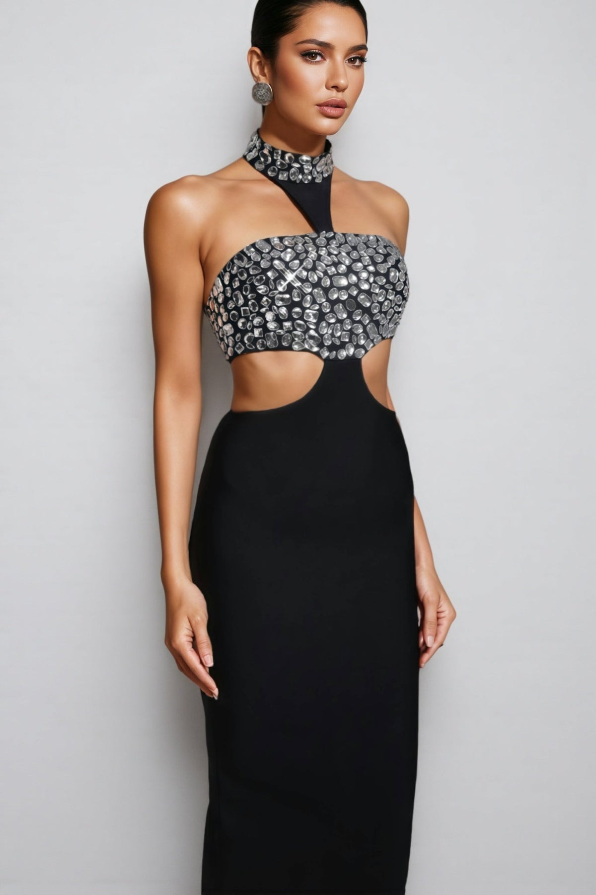 Rhinestone Halter Choker Neck Cut Out Waist Bandage Maxi Gown - View 3
