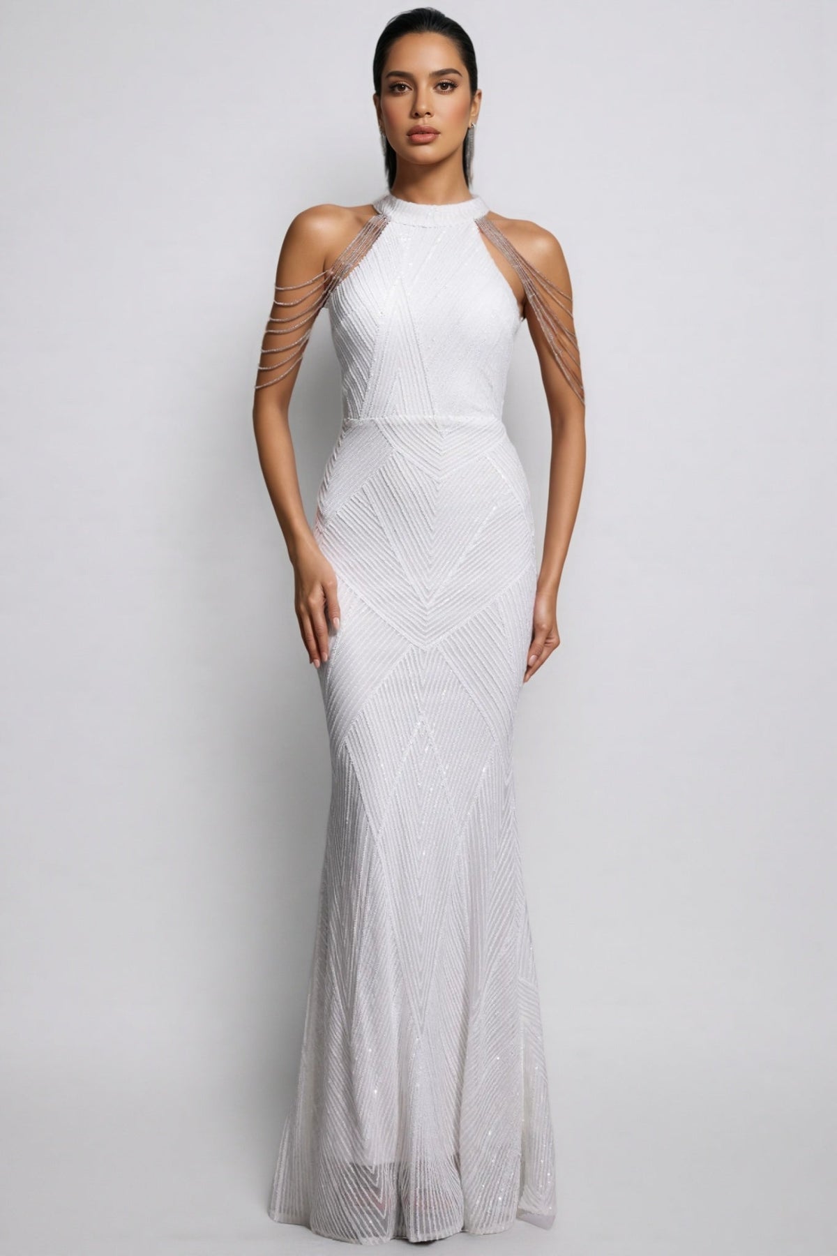 Solend Neckline Sequin Fishtail Maxi Dress