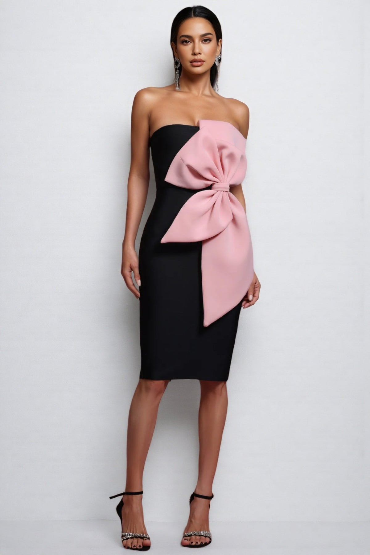 Oversized Bow Strapless Bandage Bodycon Knee Length Cocktail Dress