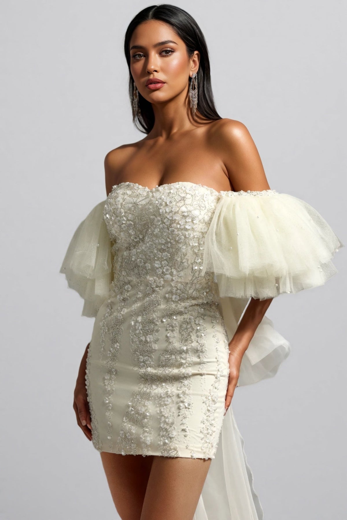 Sequin Sweetheart Off Shoulder Tulle Puff Sleeve Mini Dress - View 4