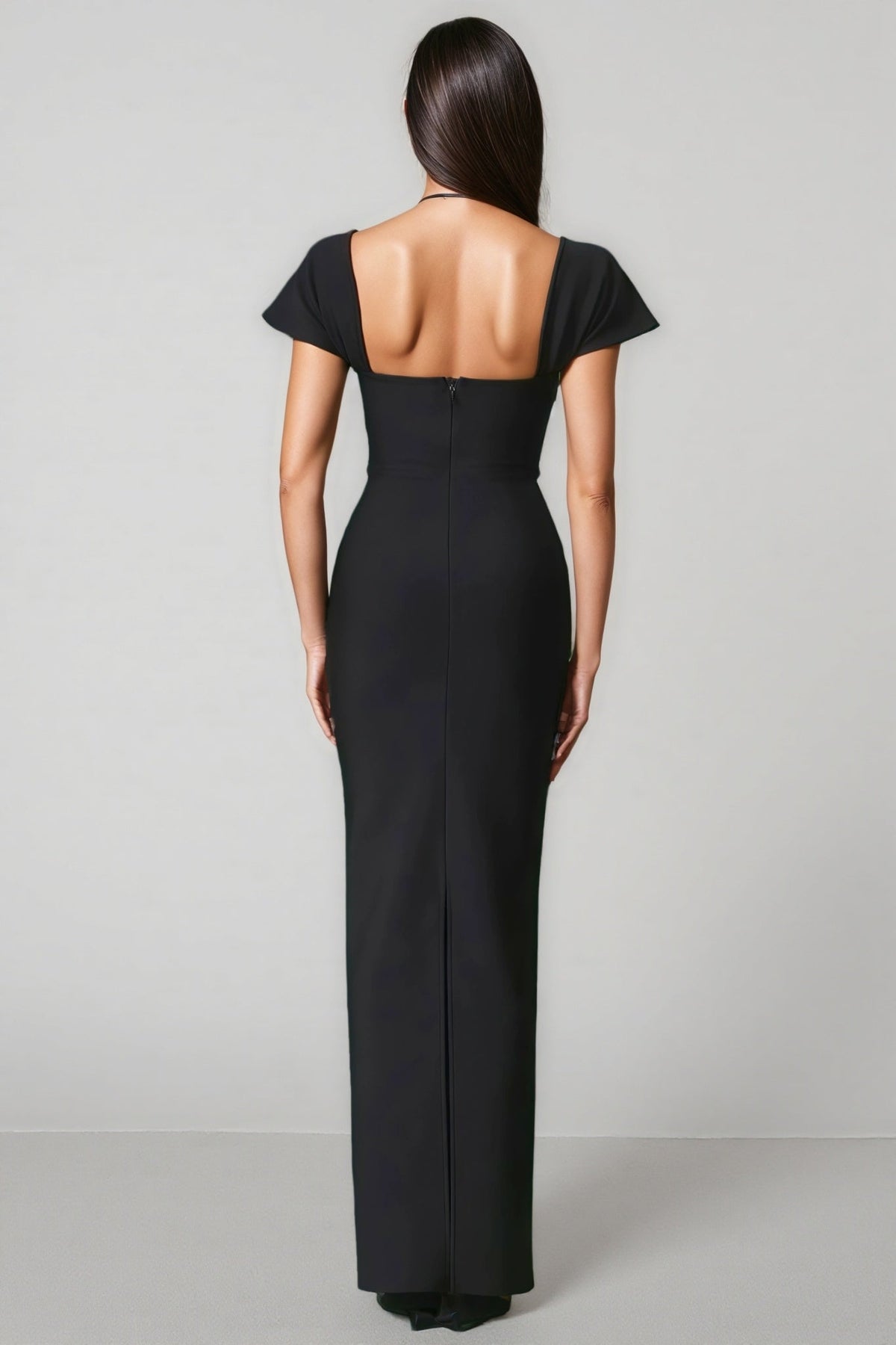Crystal Trim Square Neck Cap Sleeve Column Maxi Gown - View 3