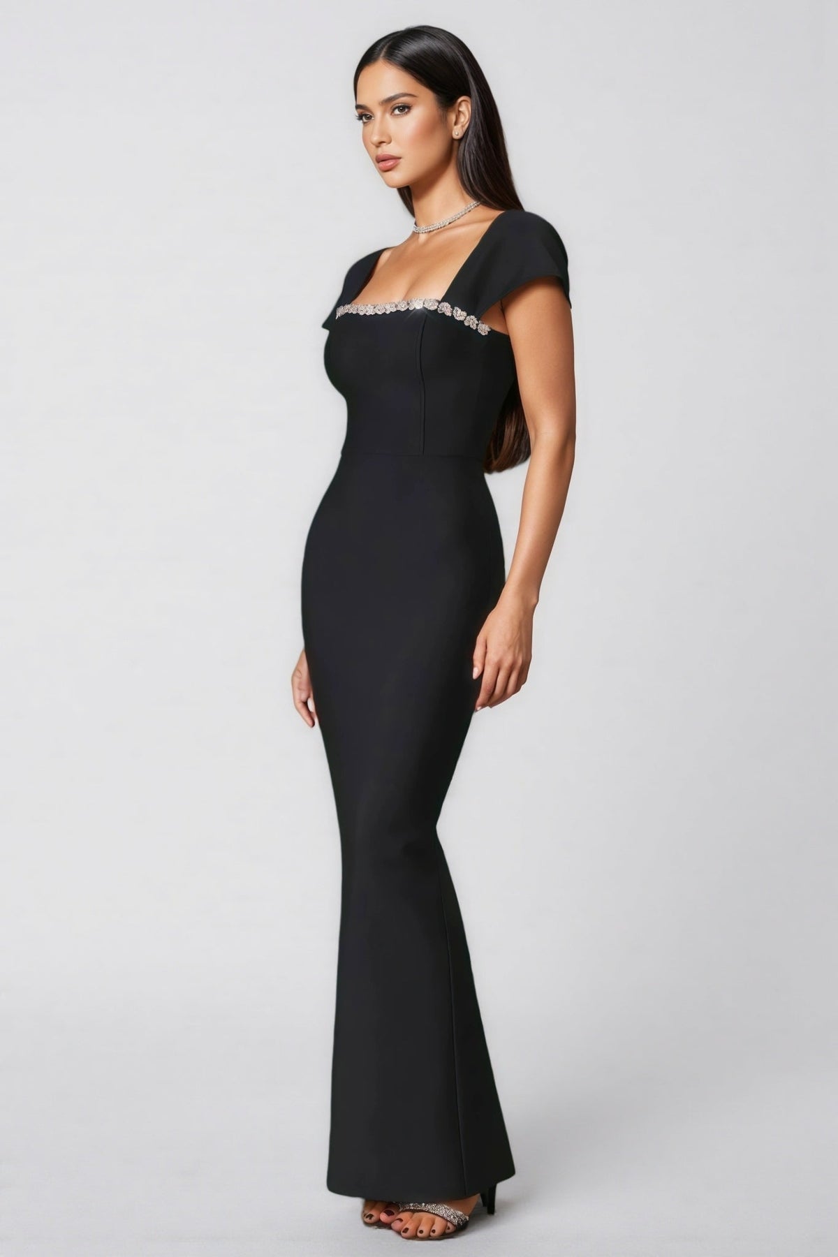 Crystal Trim Square Neck Cap Sleeve Column Maxi Gown - View 2