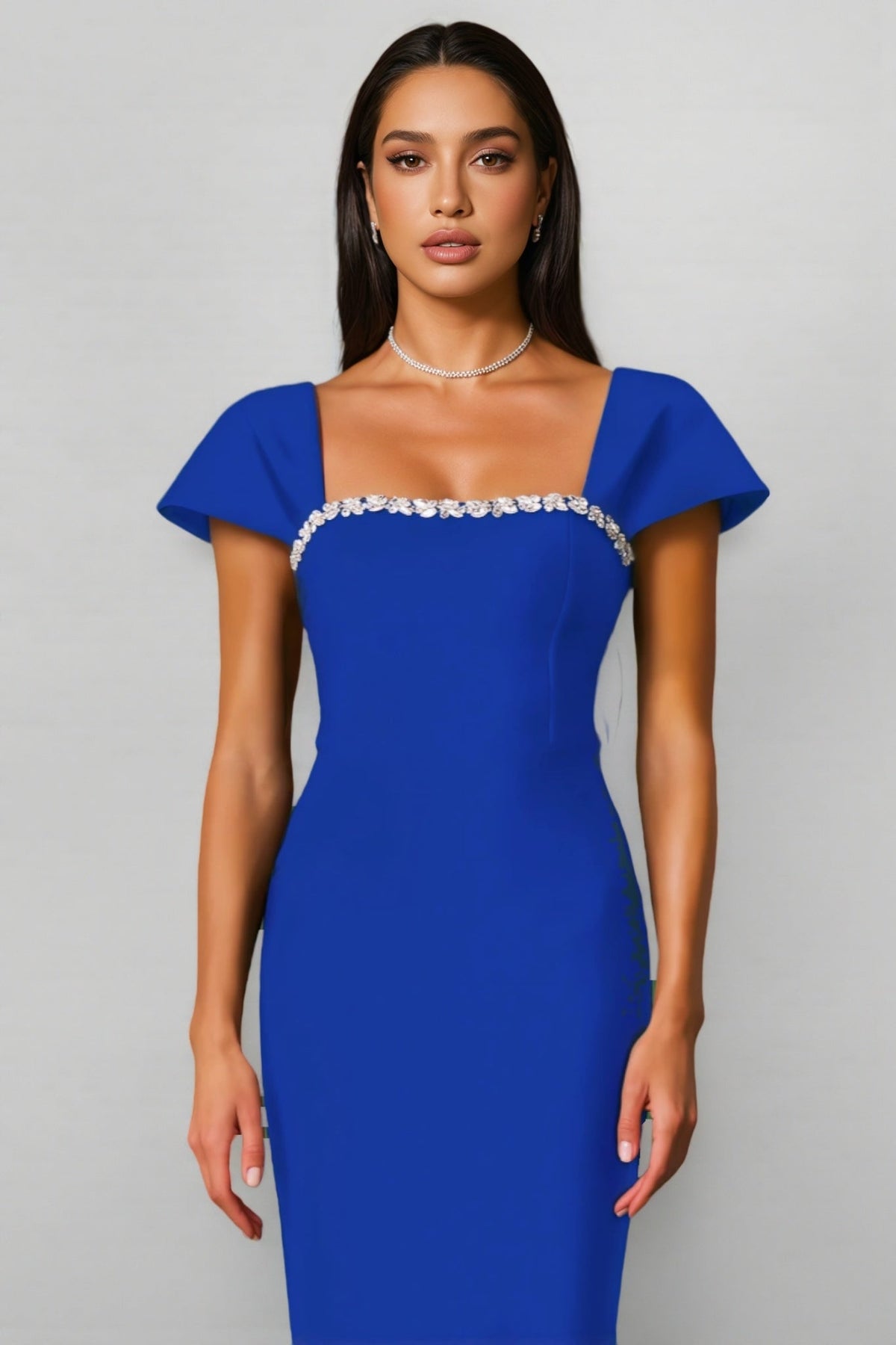 Rhinestone Trim Square Neck Flared Cap Sleeve Bandage Column Maxi Gown - View 4