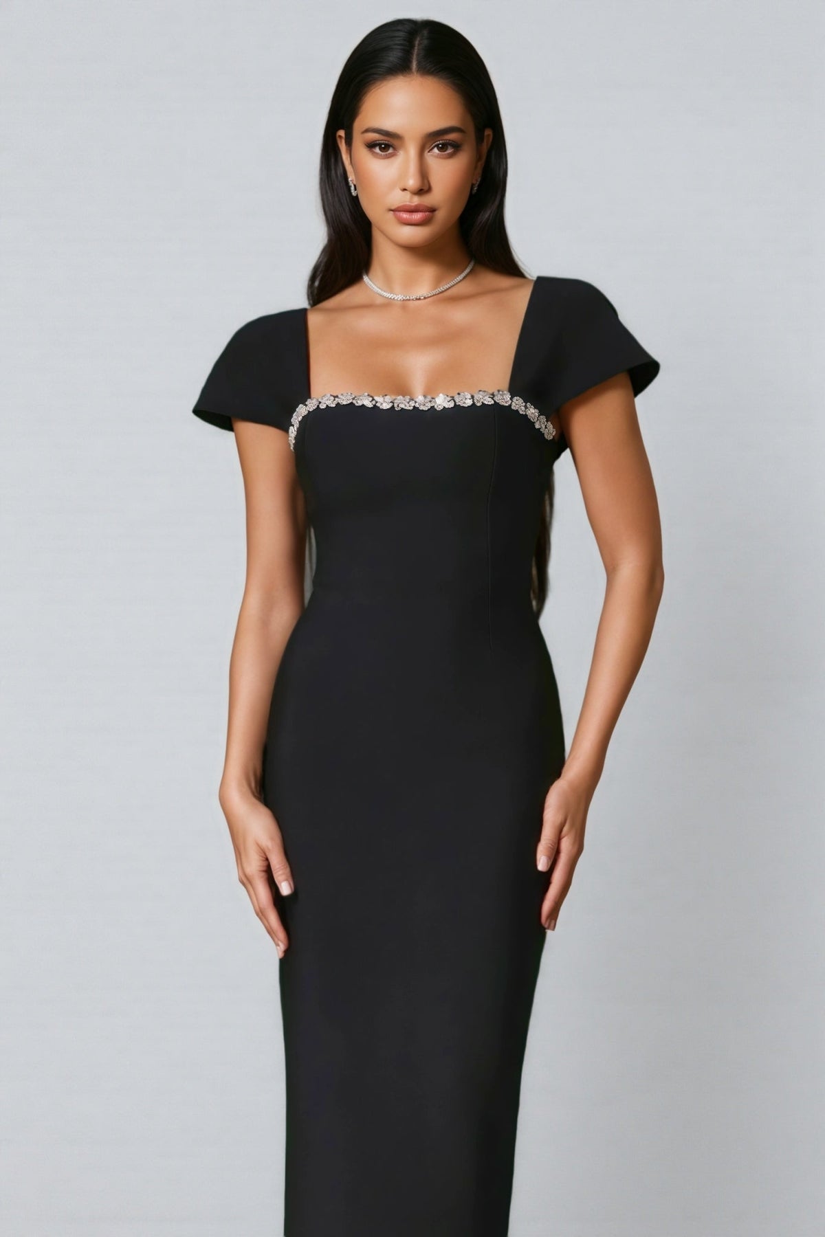 Crystal Trim Square Neck Cap Sleeve Column Maxi Gown - View 5