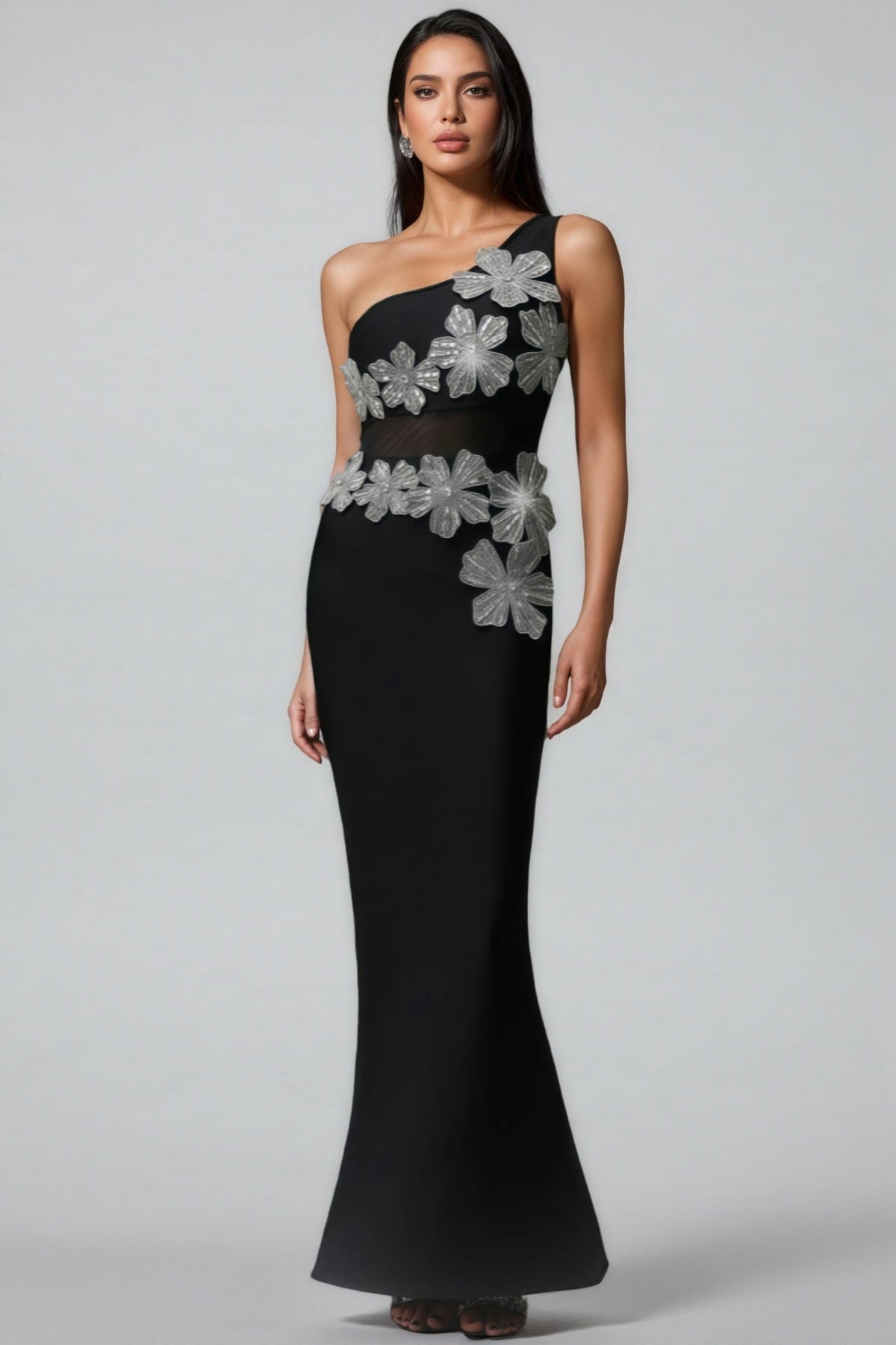 One Shoulder Floral Applique Mesh Cut Out Mermaid Maxi Gown - View 6
