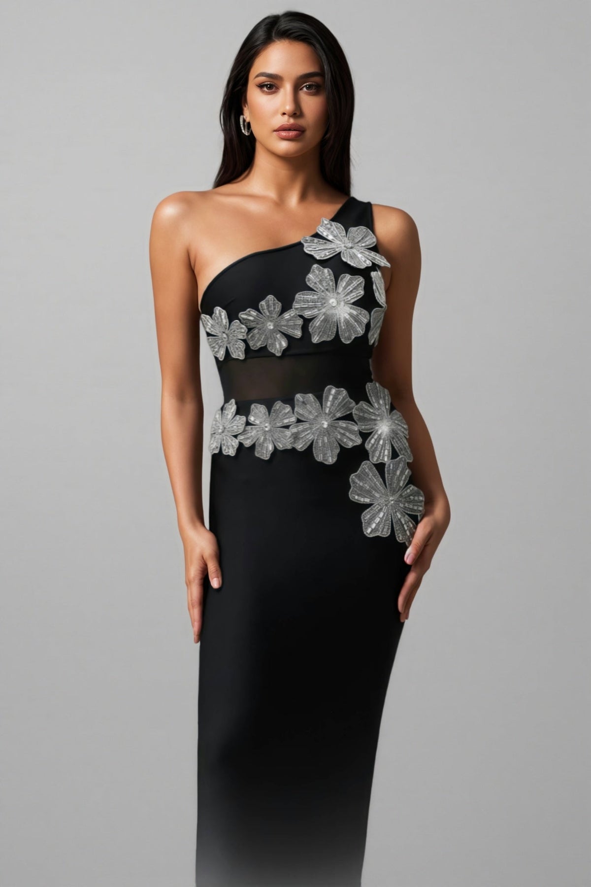 One Shoulder Floral Applique Mesh Cut Out Mermaid Maxi Gown - View 3