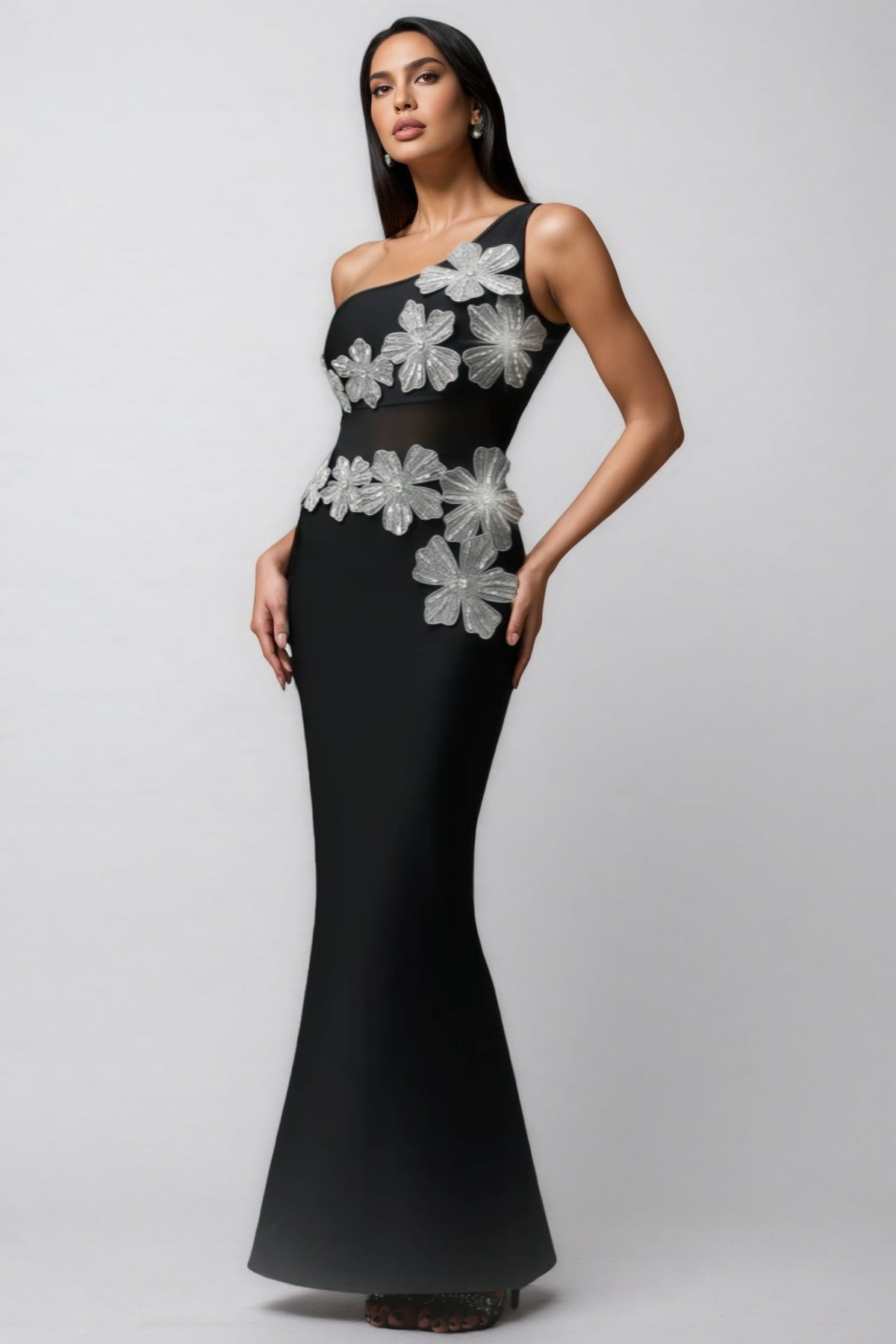 One Shoulder Floral Applique Mesh Cut Out Mermaid Maxi Gown - View 2