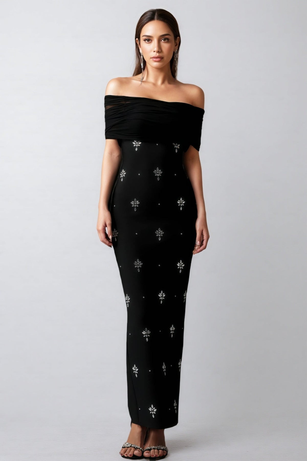 Off Shoulder Crossover Drape Starburst Print Column Maxi Gown - View 2