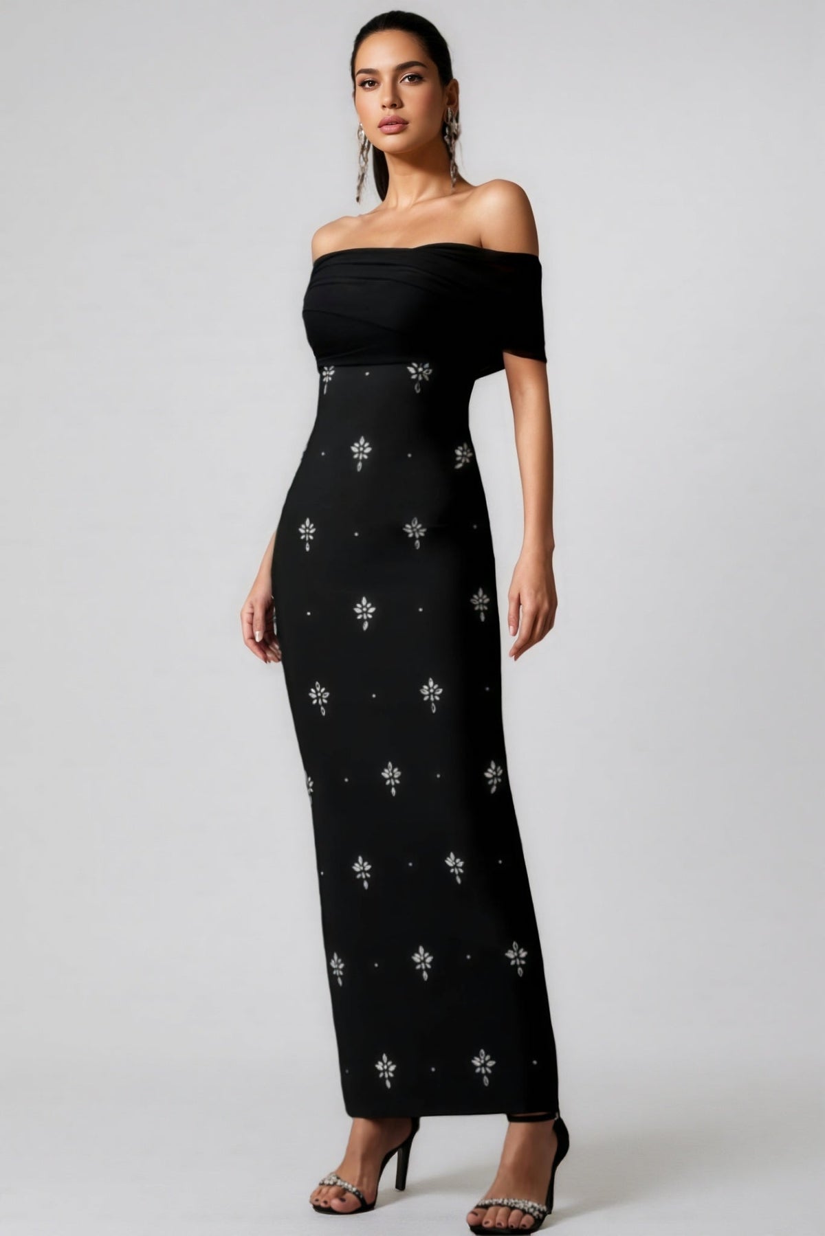 Off Shoulder Crossover Drape Starburst Print Column Maxi Gown