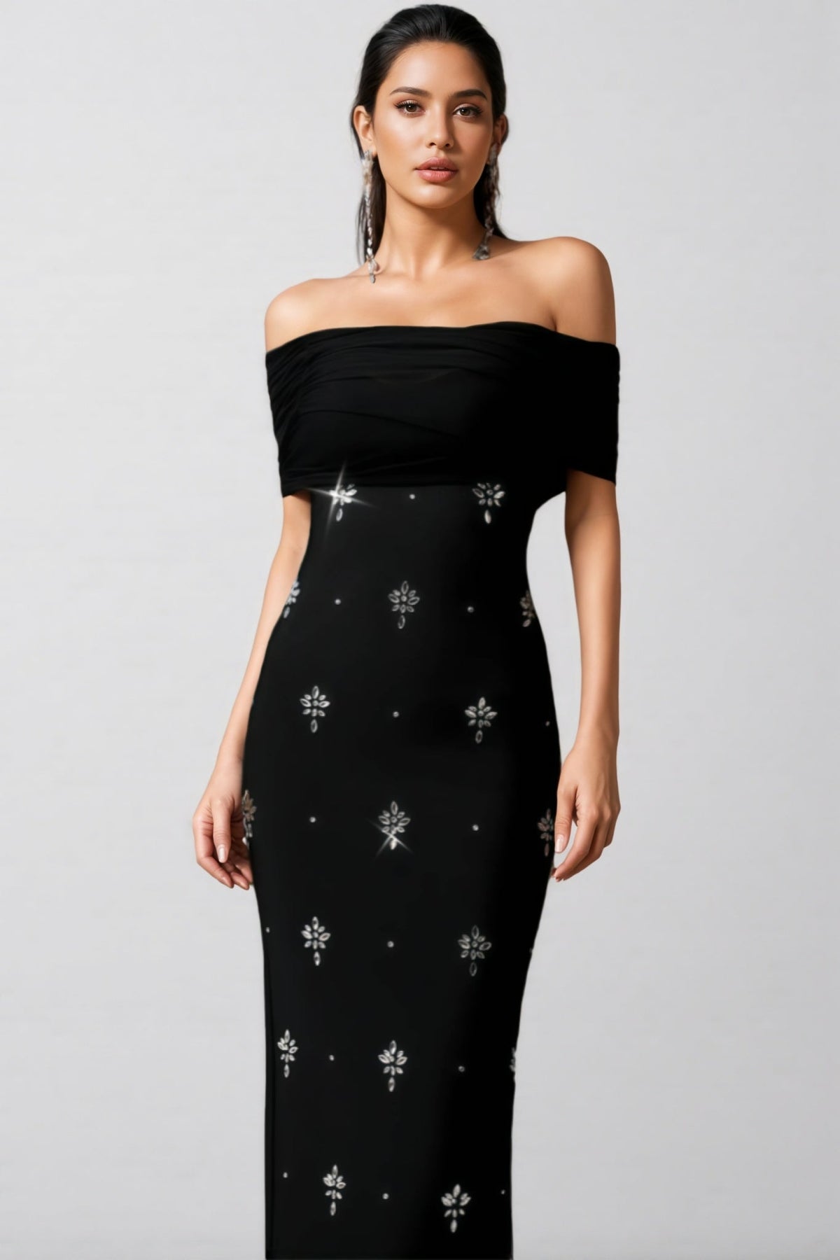 Off Shoulder Crossover Drape Starburst Print Column Maxi Gown - View 3