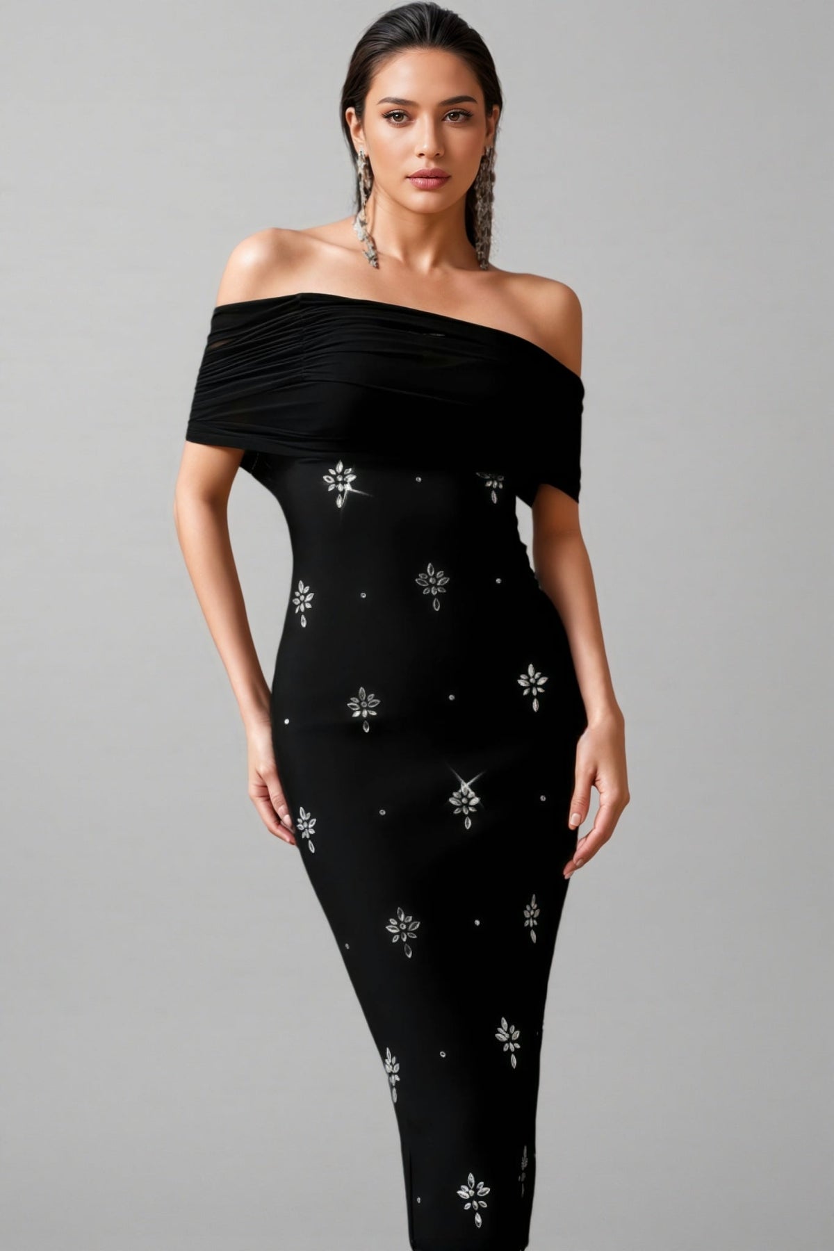 Off Shoulder Crossover Drape Starburst Print Column Maxi Gown - View 4