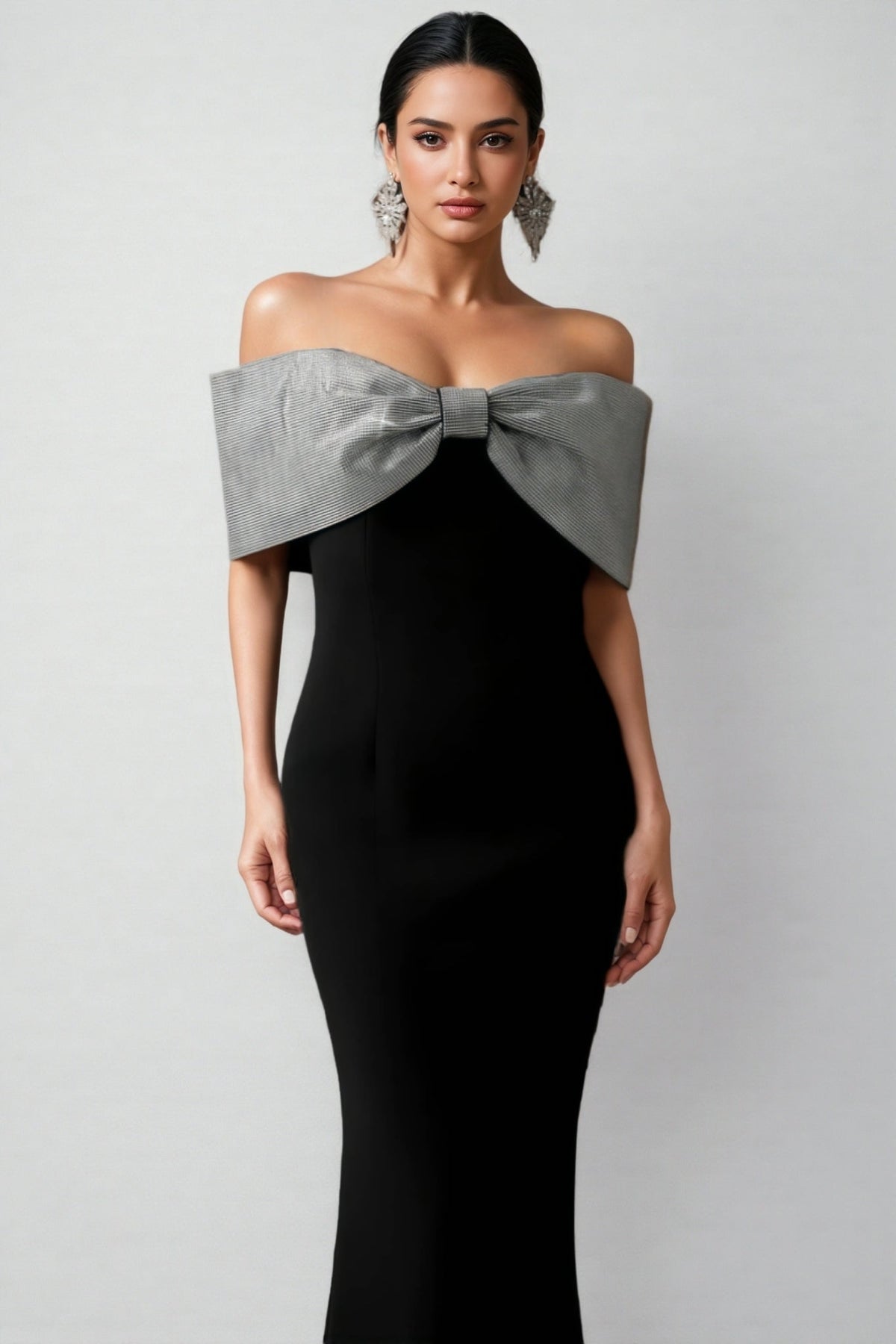 Off Shoulder Metallic Bow Bodycon Maxi Gown - View 3