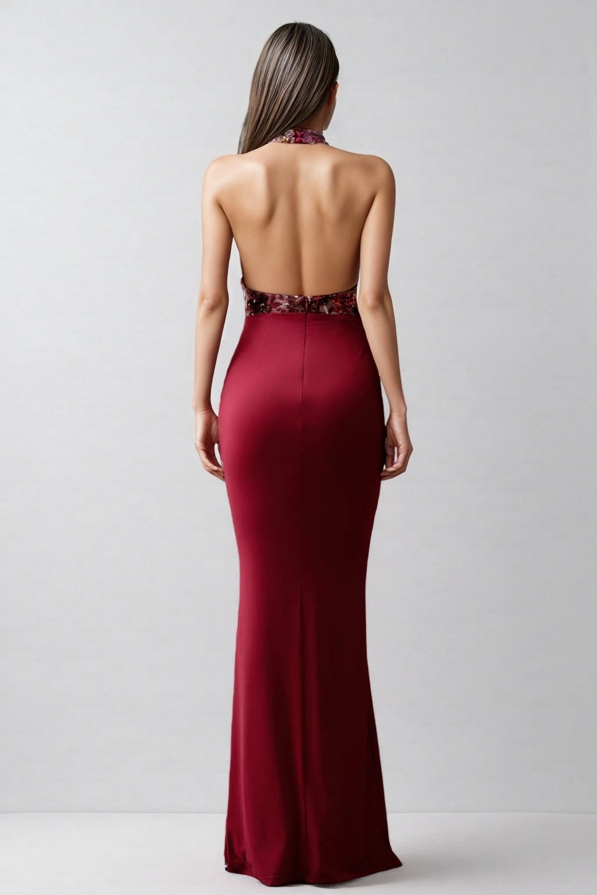 Floral Sequin Halter Neck Ruched Mermaid Maxi Gown - View 5