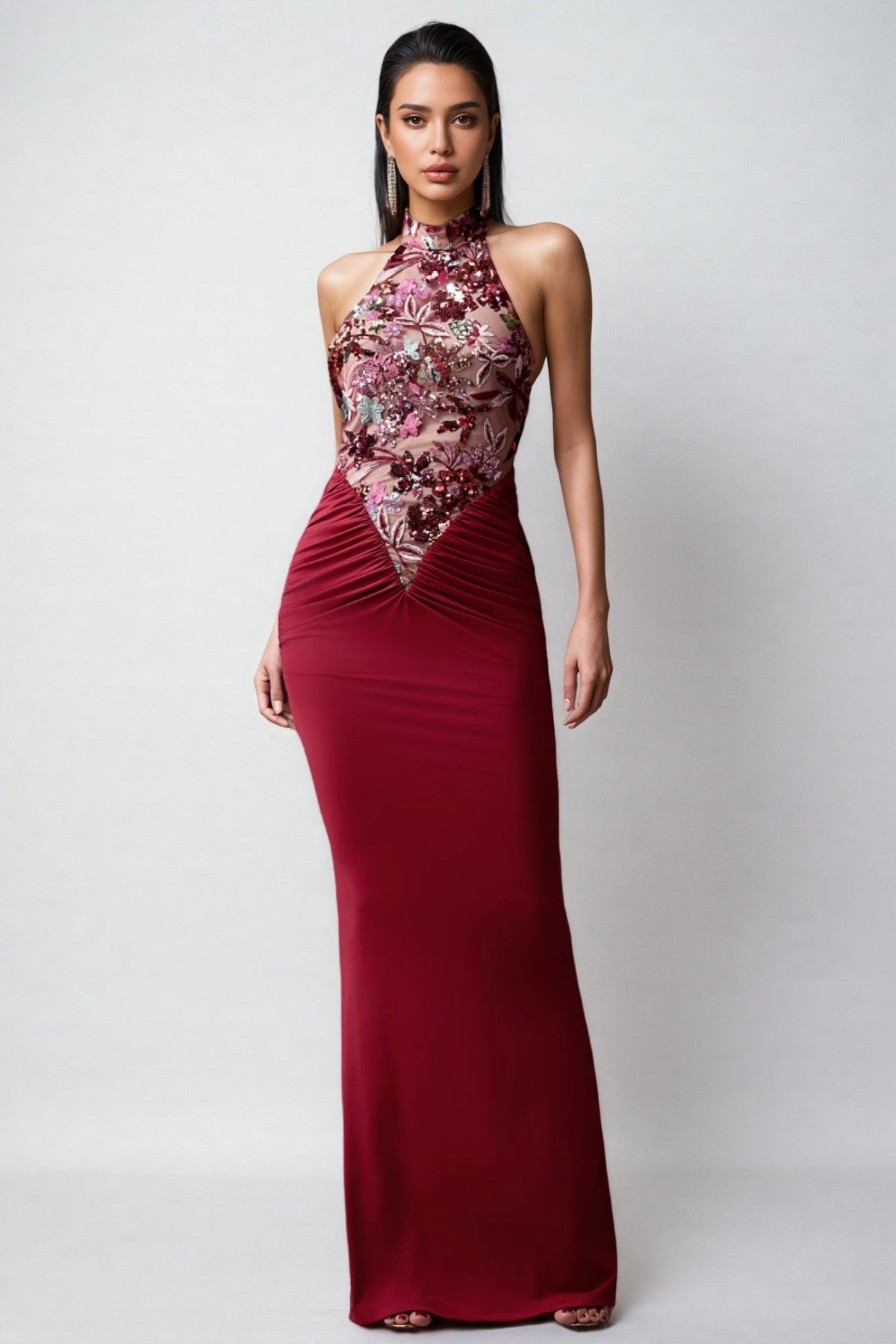 Floral Sequin Halter Neck Ruched Mermaid Maxi Gown