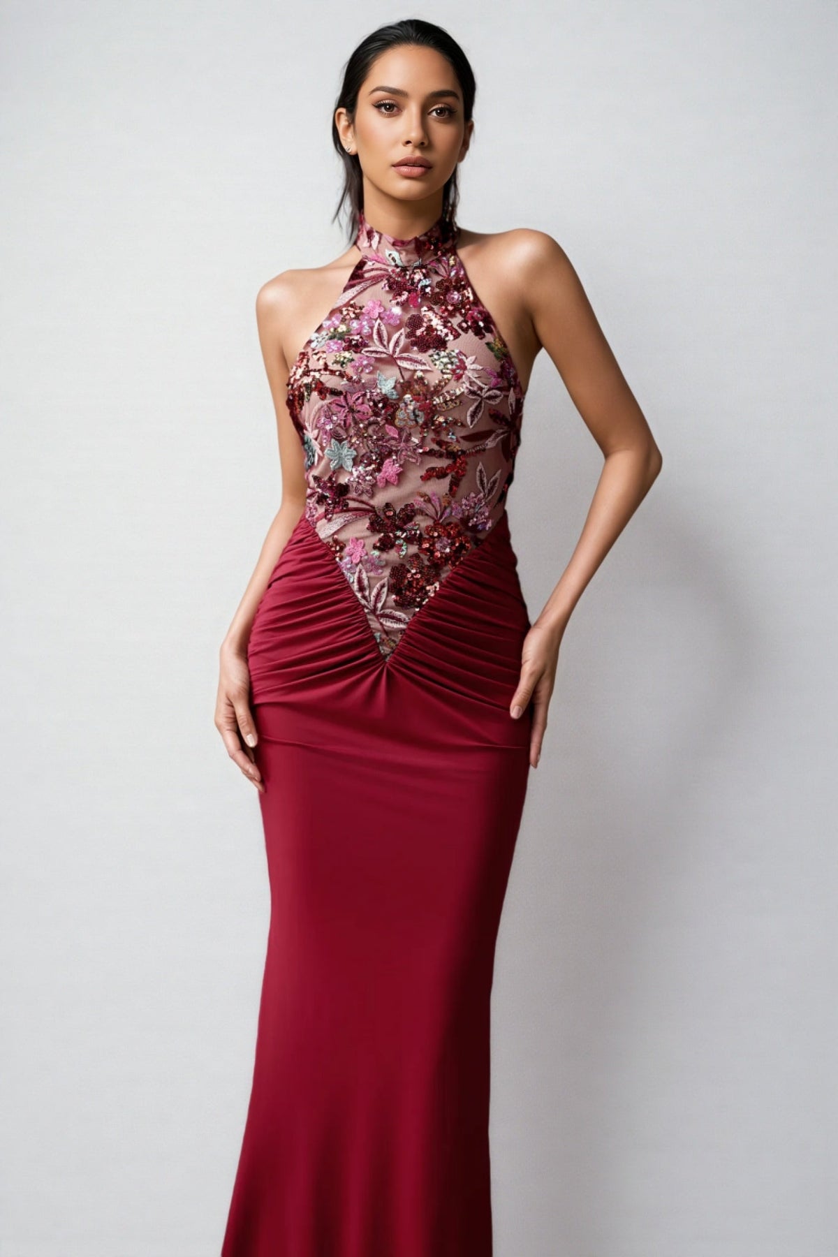 Floral Sequin Halter Neck Ruched Mermaid Maxi Gown - View 4