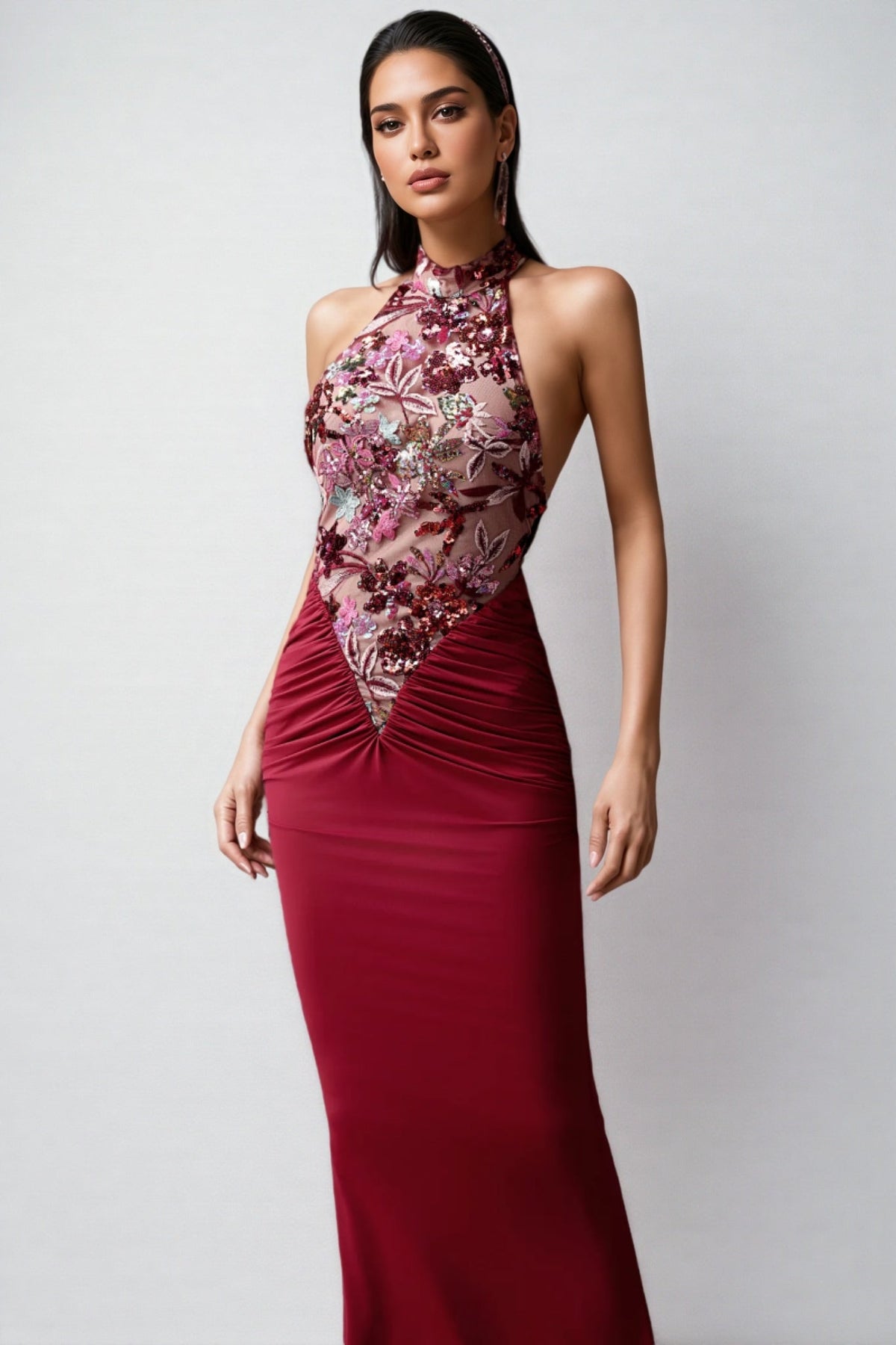 Floral Sequin Halter Neck Ruched Mermaid Maxi Gown - View 3