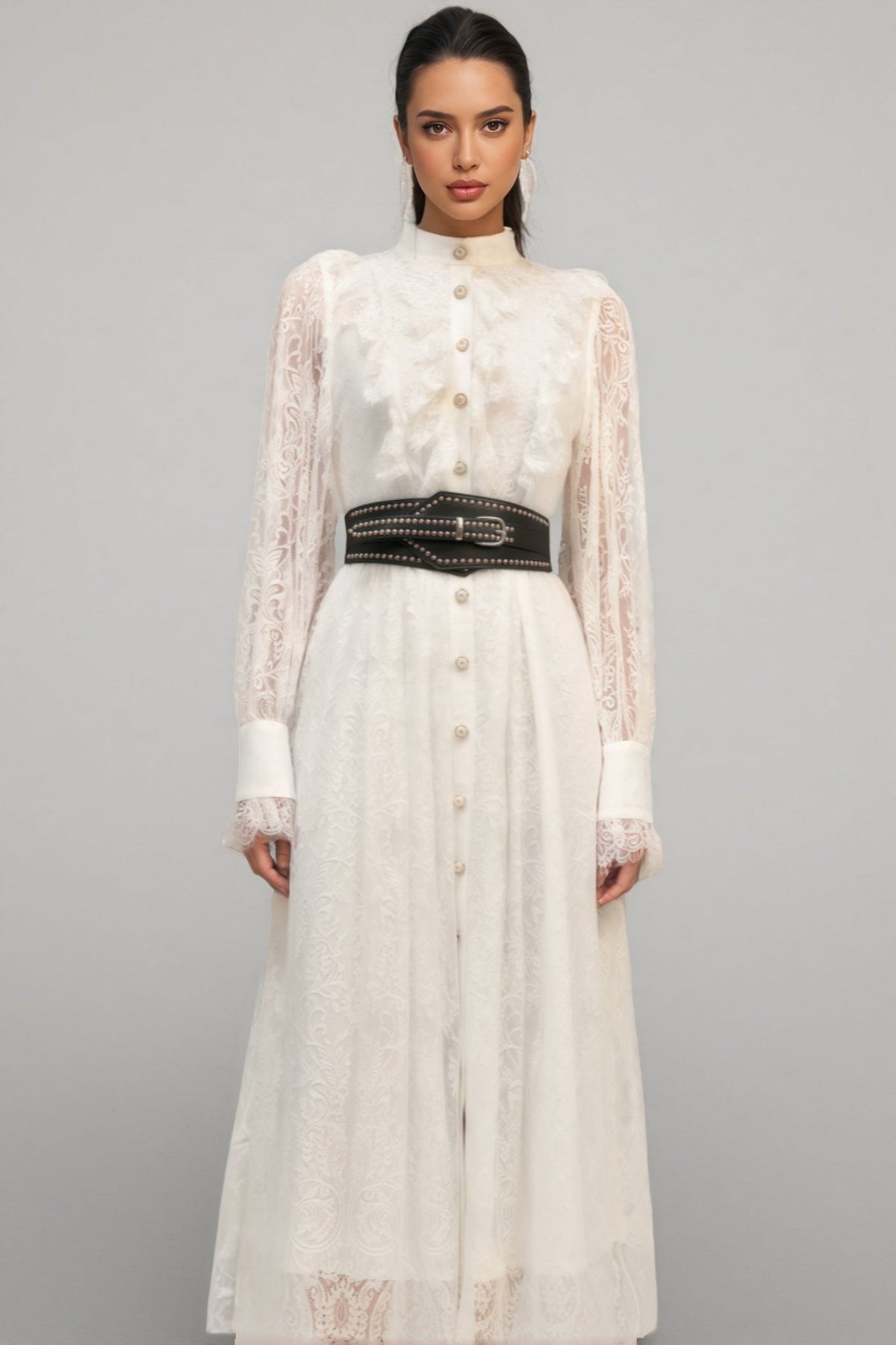 Starsha Long Sleeves Folds Lace Midi Dress - View 4