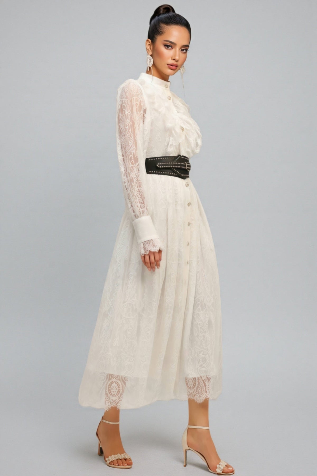 Starsha Long Sleeves Folds Lace Midi Dress - View 2