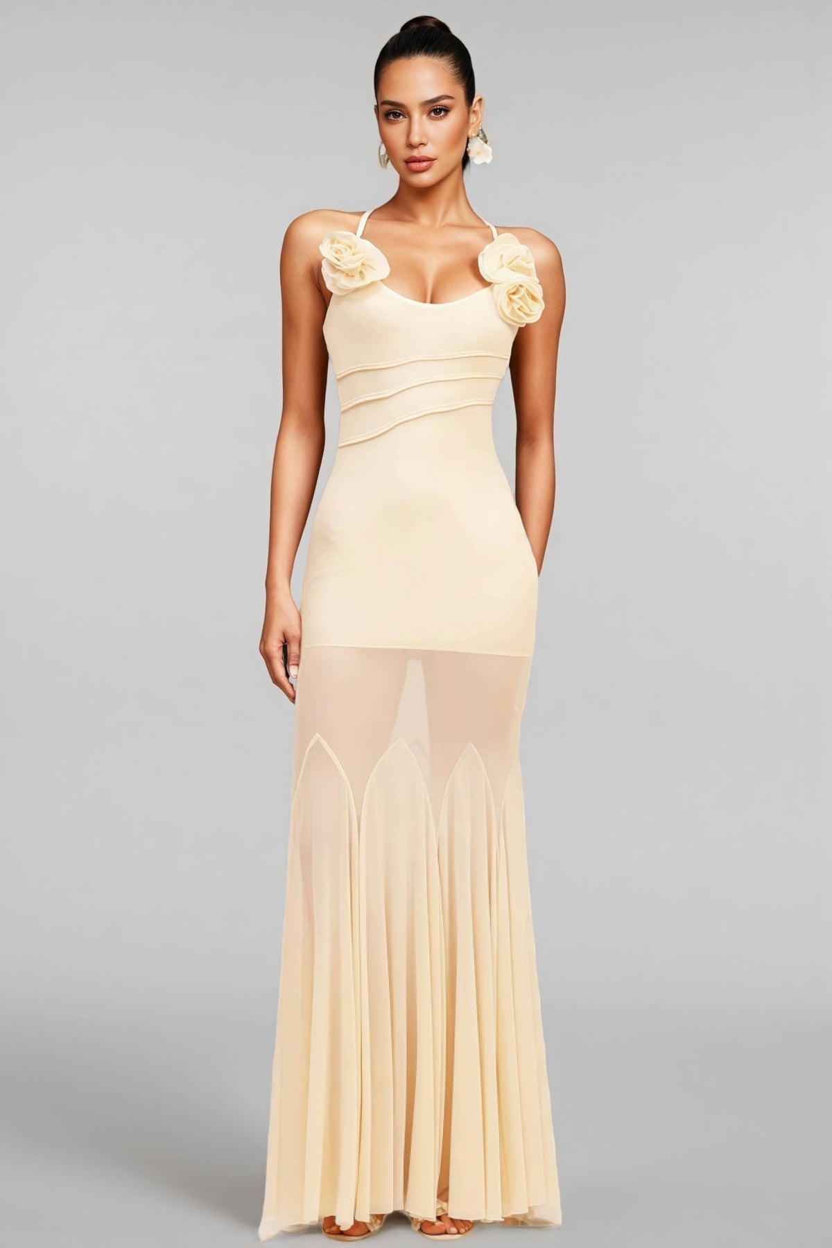 3D Rosette Strap Sheer Mesh Mermaid Maxi Dress